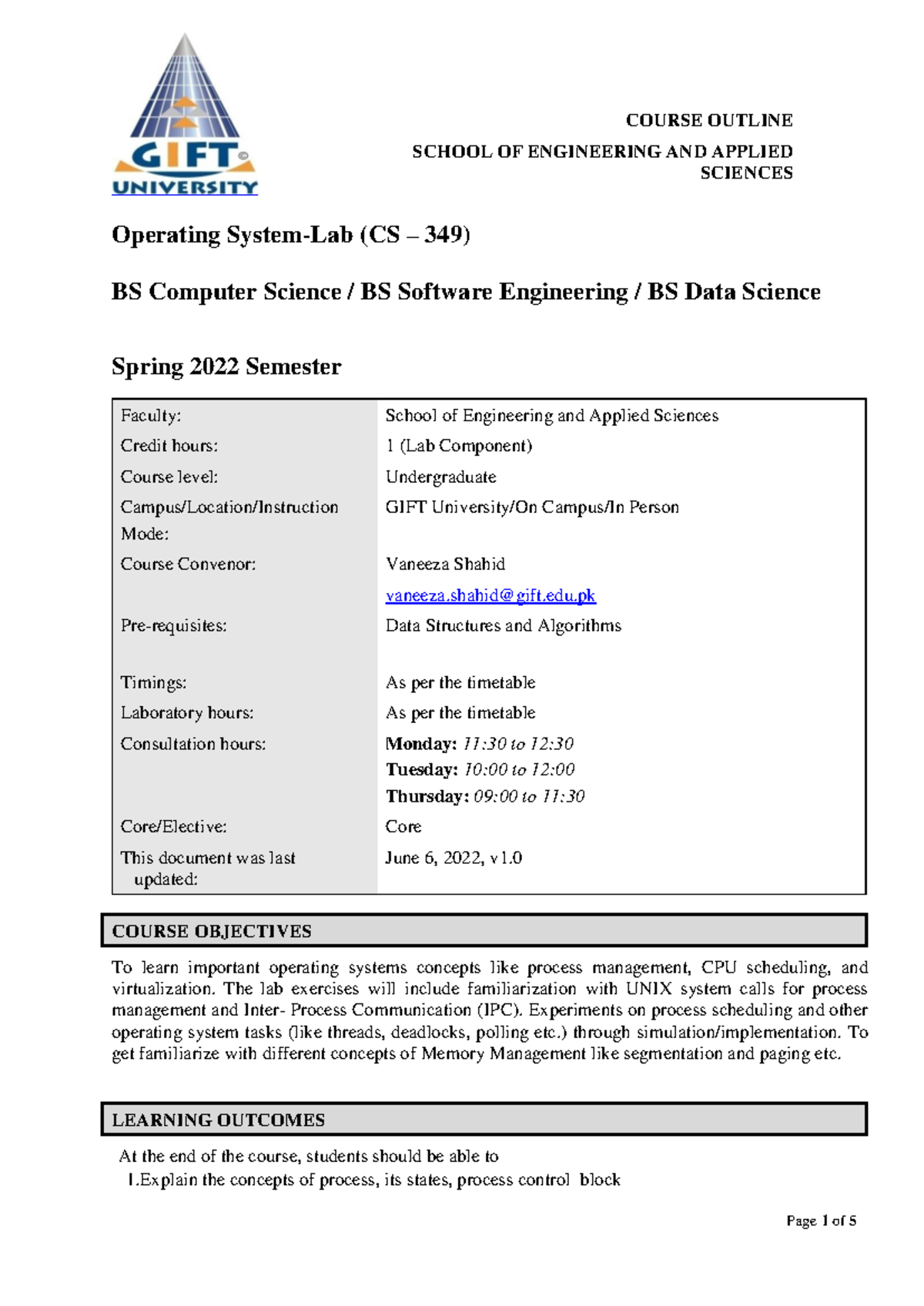 Spring 2022 - CS-349 - Operating Systems Lab Outline and Objectives ...