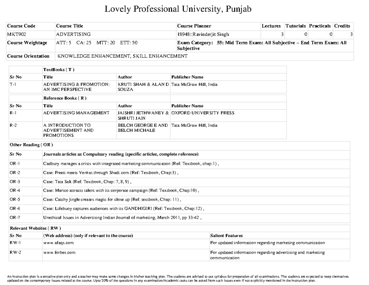 MKT902 - Advertising Course Planner and Lecture Overview - Studocu