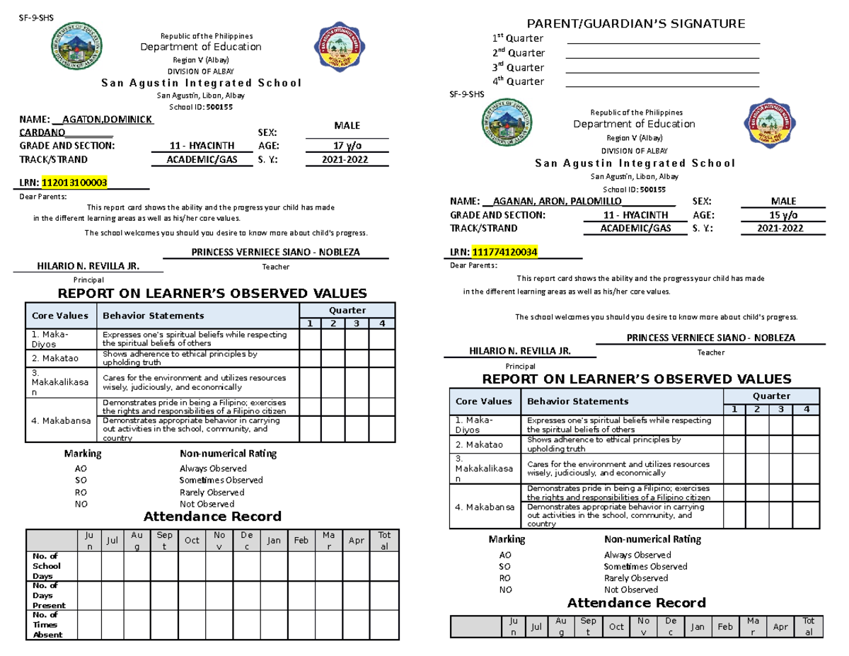 SF9 SHS - editable and printable school form 9 for shs - SF-9-SHS ...