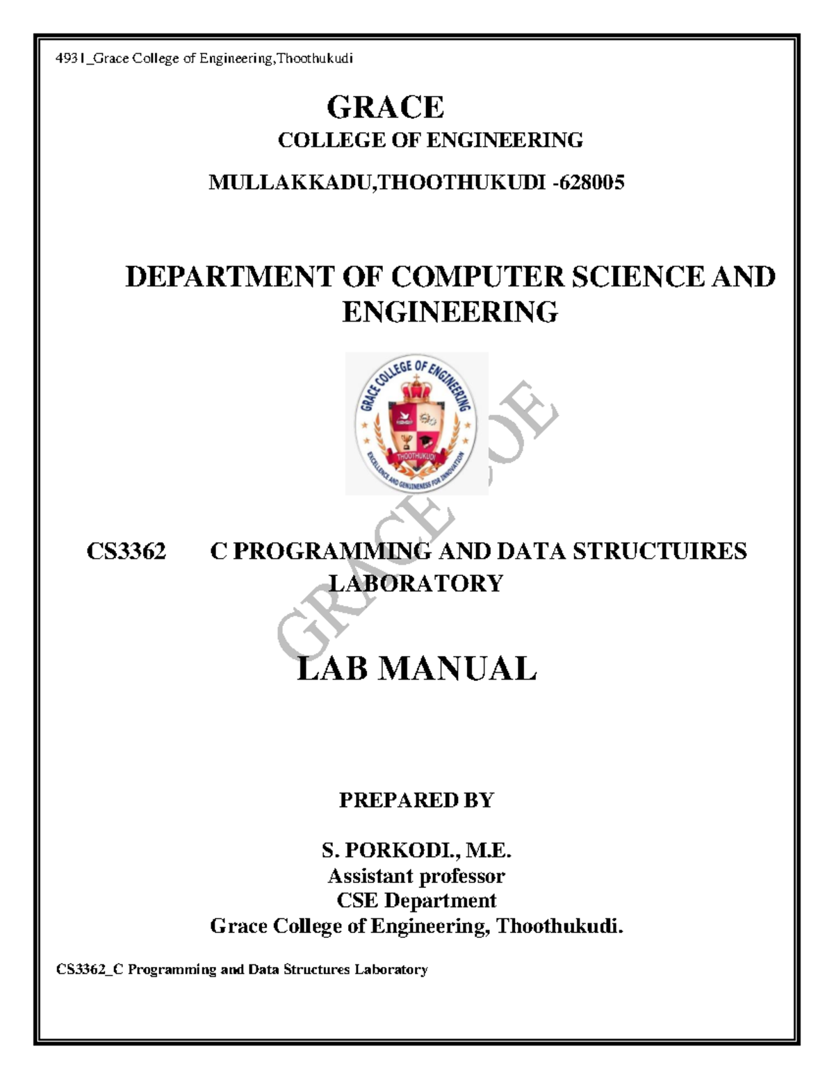CS3362 C Programming and Data Structures Lab Manual - Grace College ...