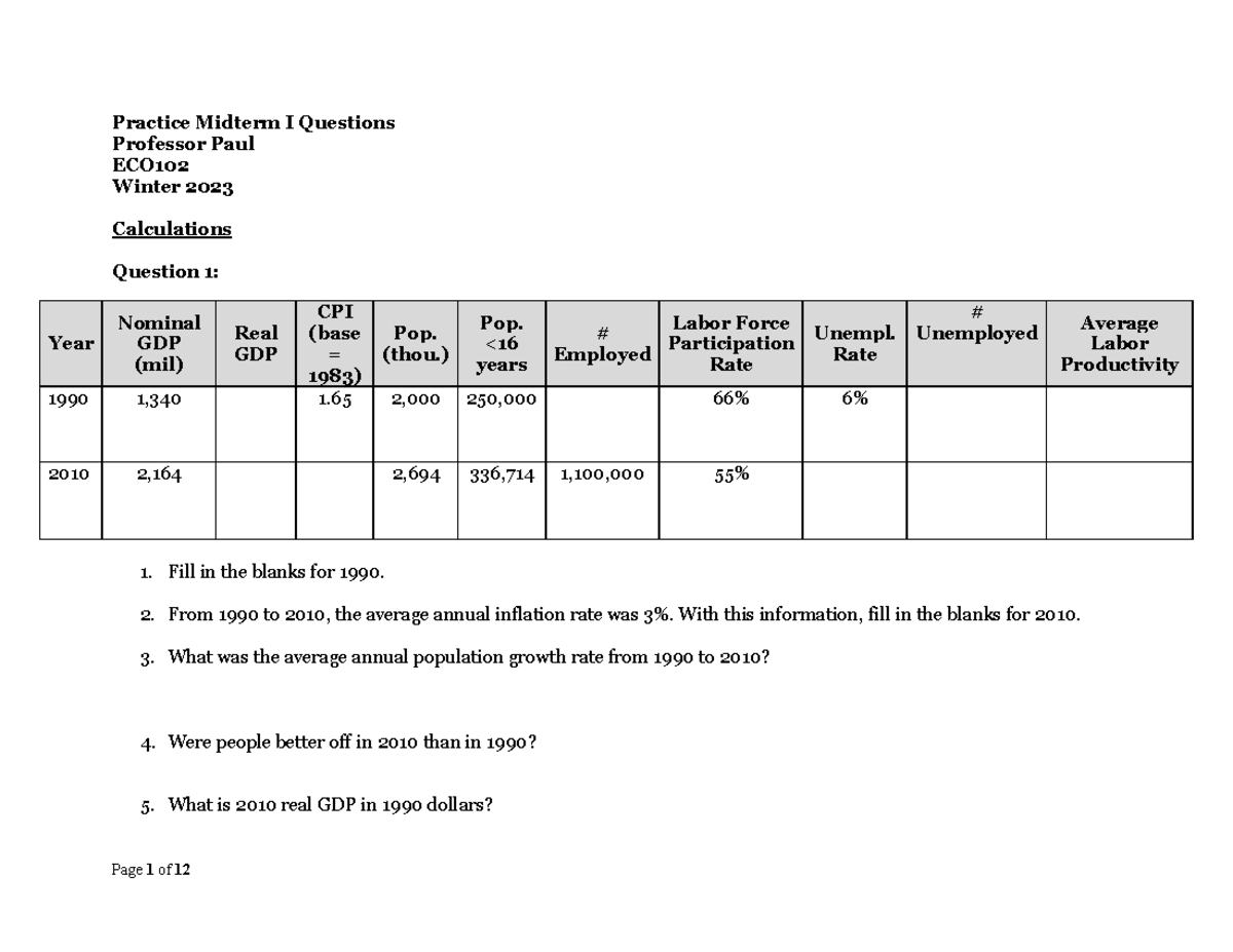 Midterm 1 Additional Practice Questions - Practice Midterm I Questions ...