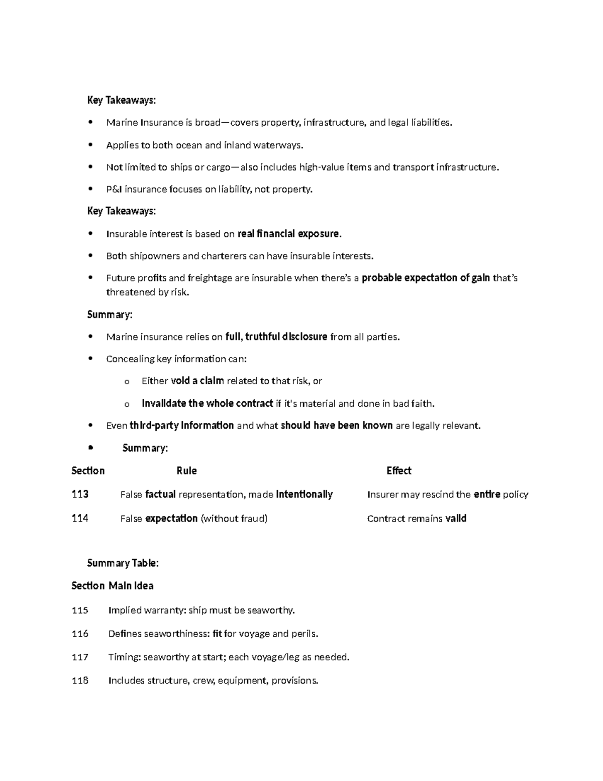 Insurance Law Notes: Key Takeaways on Marine Insurance Principles - Studocu