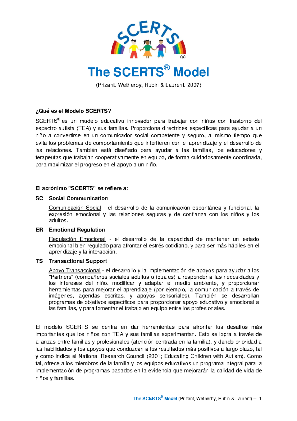 Modelo SCERTS®: Descripción y Aplicaciones para Niños con TEA - Studocu