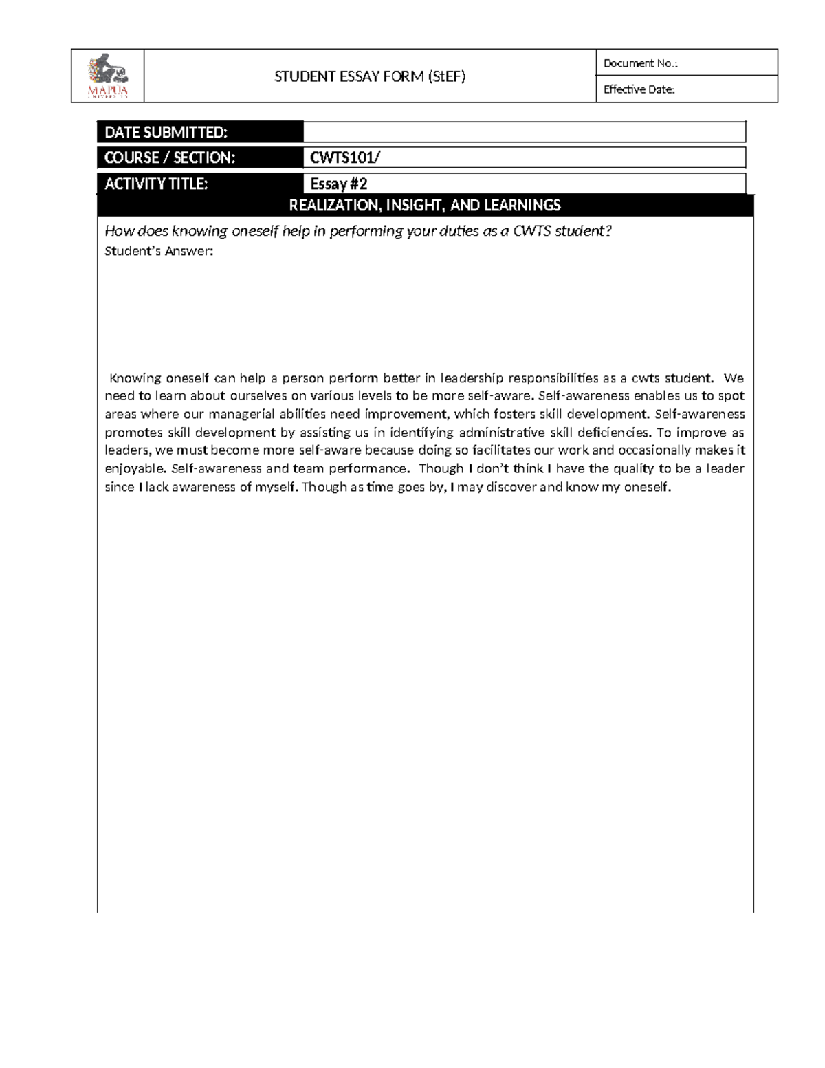 Form - CWTS101 Essay #2 - none - STUDENT ESSAY FORM (StEF) Document No ...