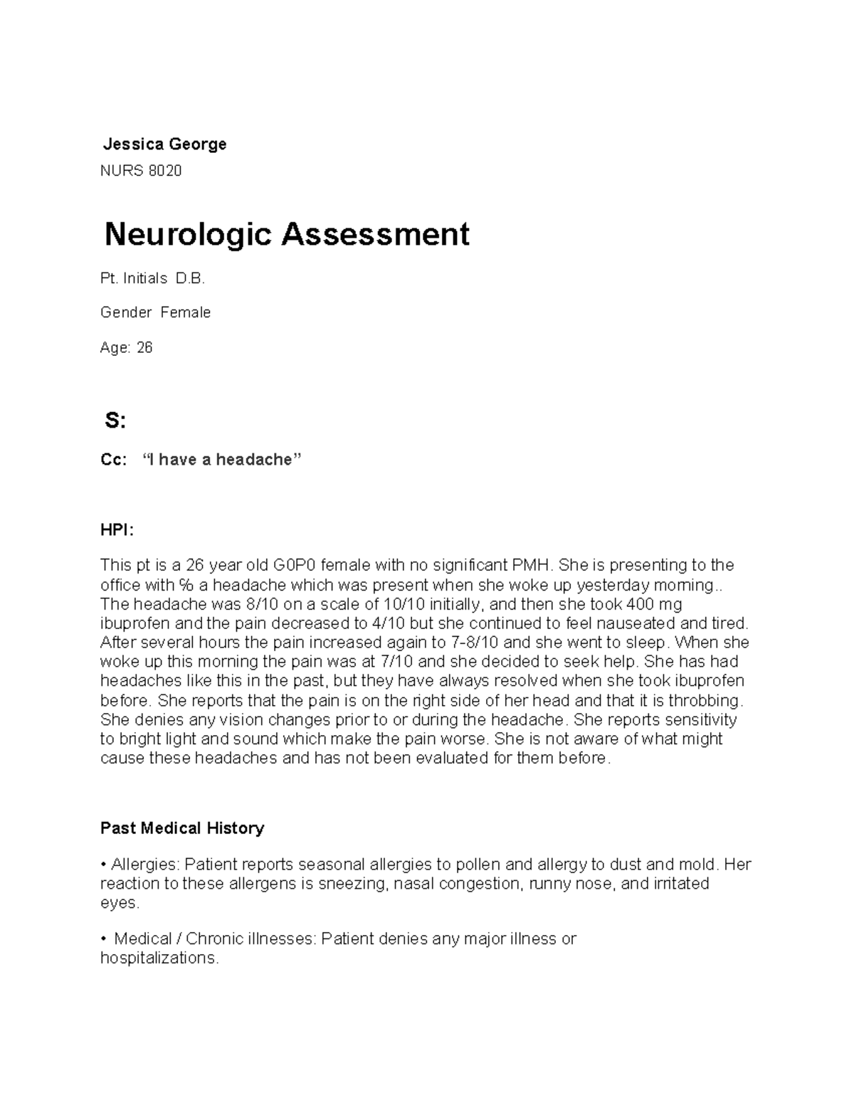 NURS 8020 - Neurologic Assessment Writeup: Patient HPI for Headache ...