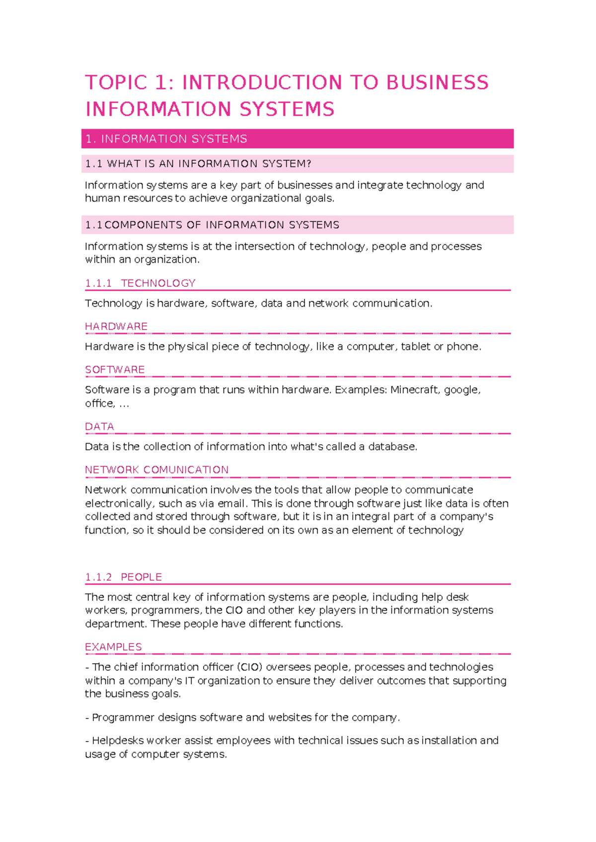 BUS 101: Introduction to Business Information Systems - Topic 1 Notes ...