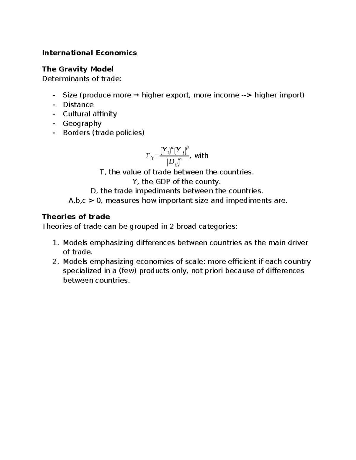 International Economics (IE 101) Summary: The Gravity Model & Trade ...