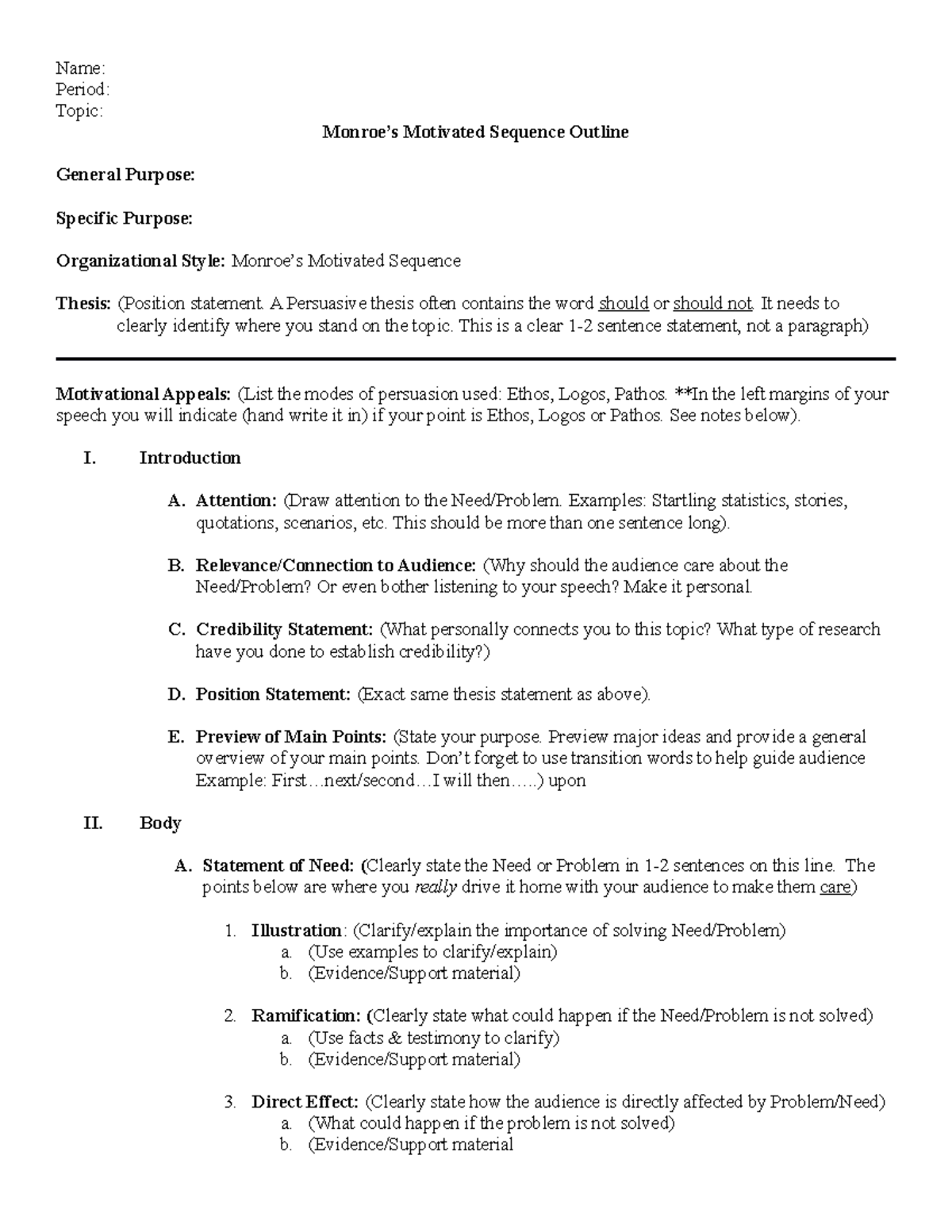 Persuasive Speech Outline Using Monroe's Motivated Sequence Template ...