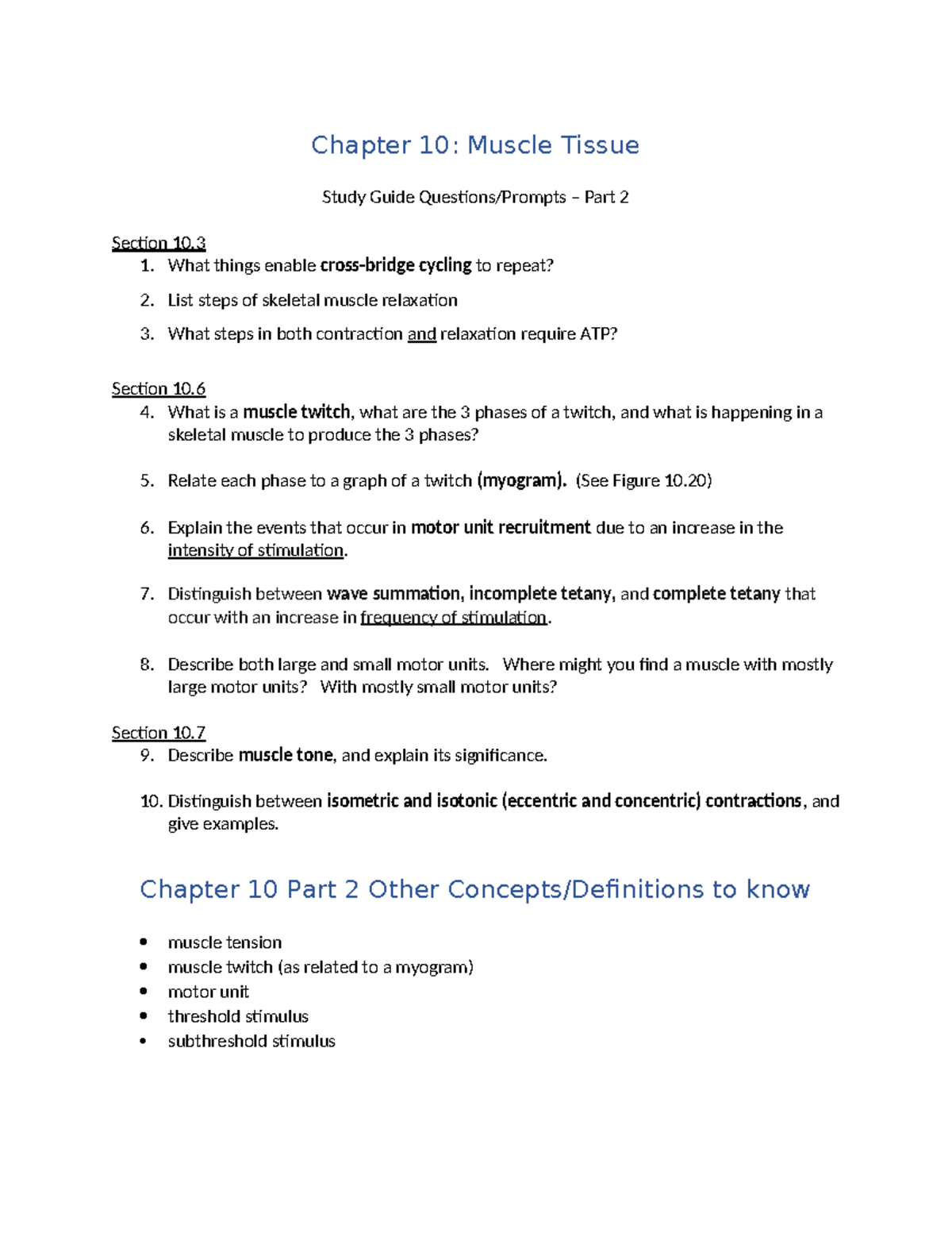 Chapter 10: Muscle Tissue Study Guide - Part 2 (Biology 101) - Chapter ...
