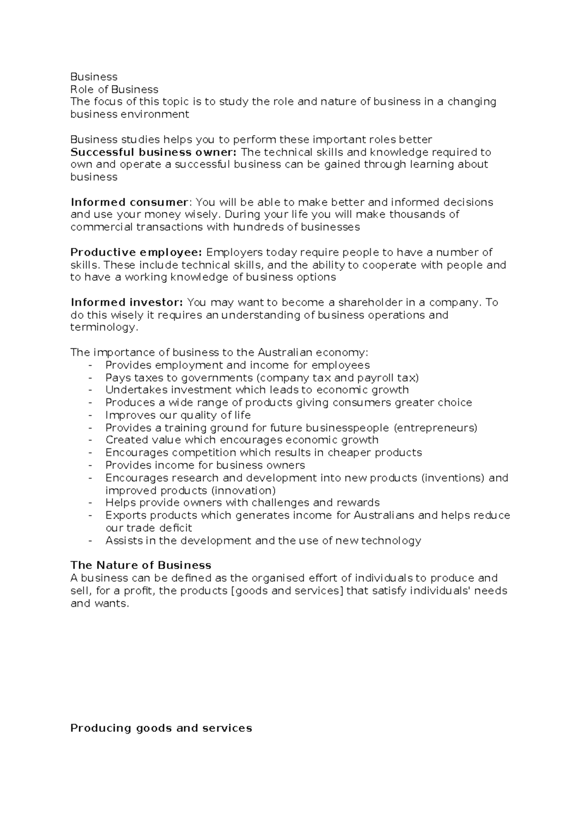 Business Studies: Understanding the Nature and Role of Business - Studocu