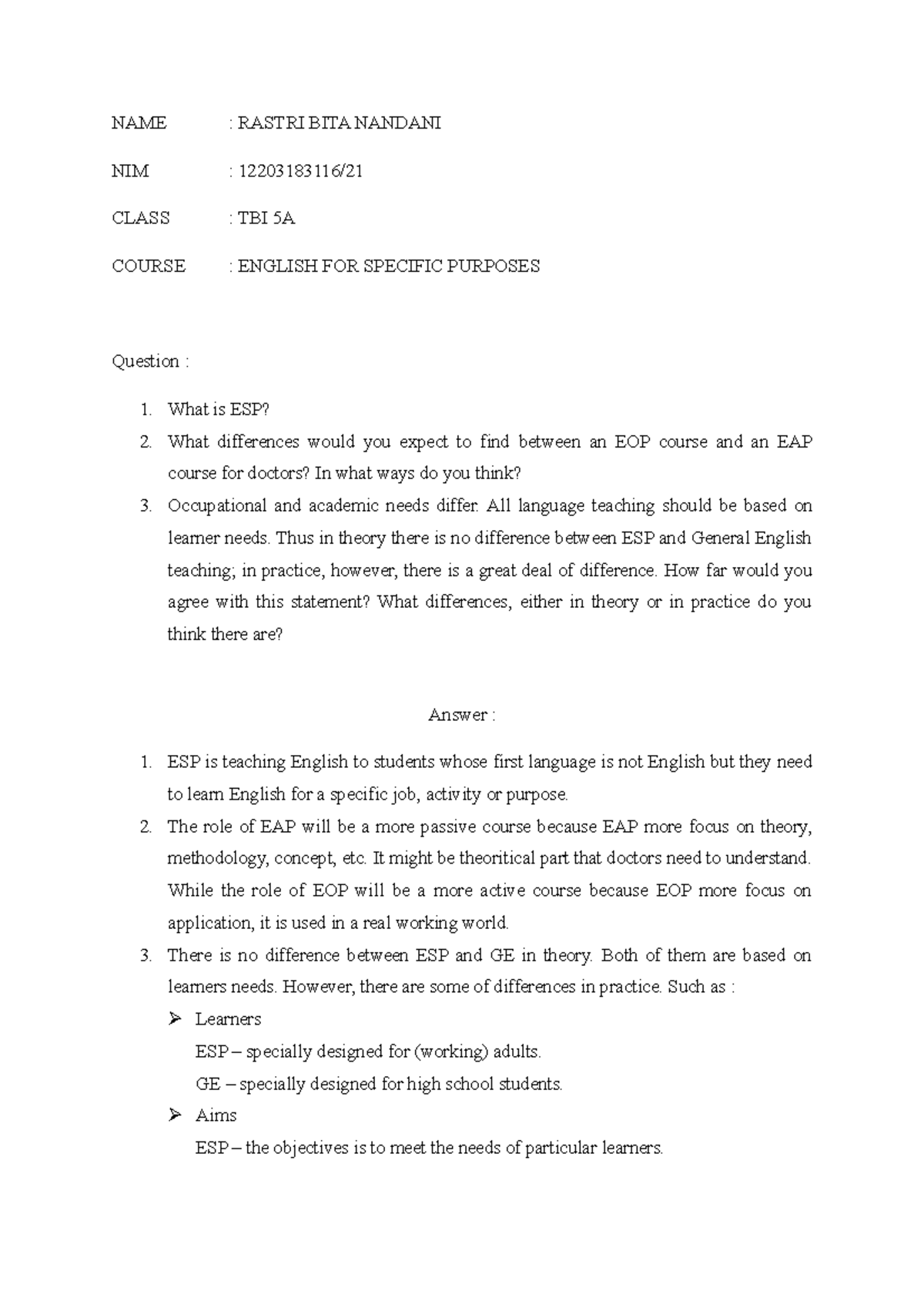 ESP Assignment: Understanding English for Specific Purposes in TBI 5A ...