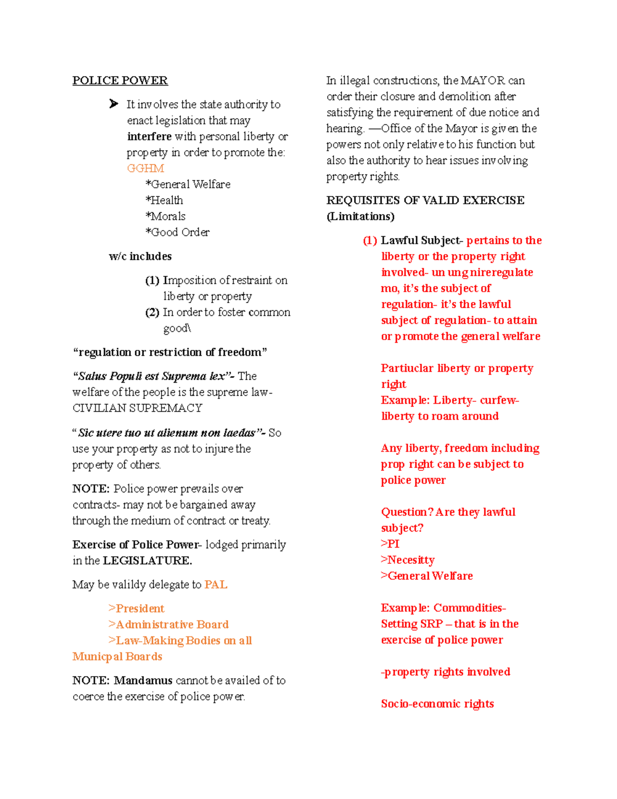 Consti II Reviewer - POLICE POWER It involves the state authority to ...