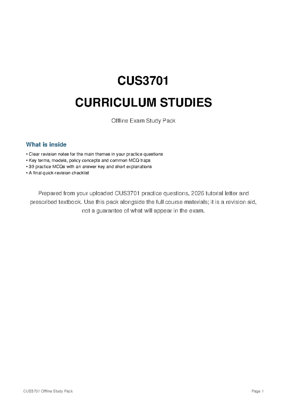 CUS3701 Curriculum Studies Offline Exam Revision Guide - Studocu