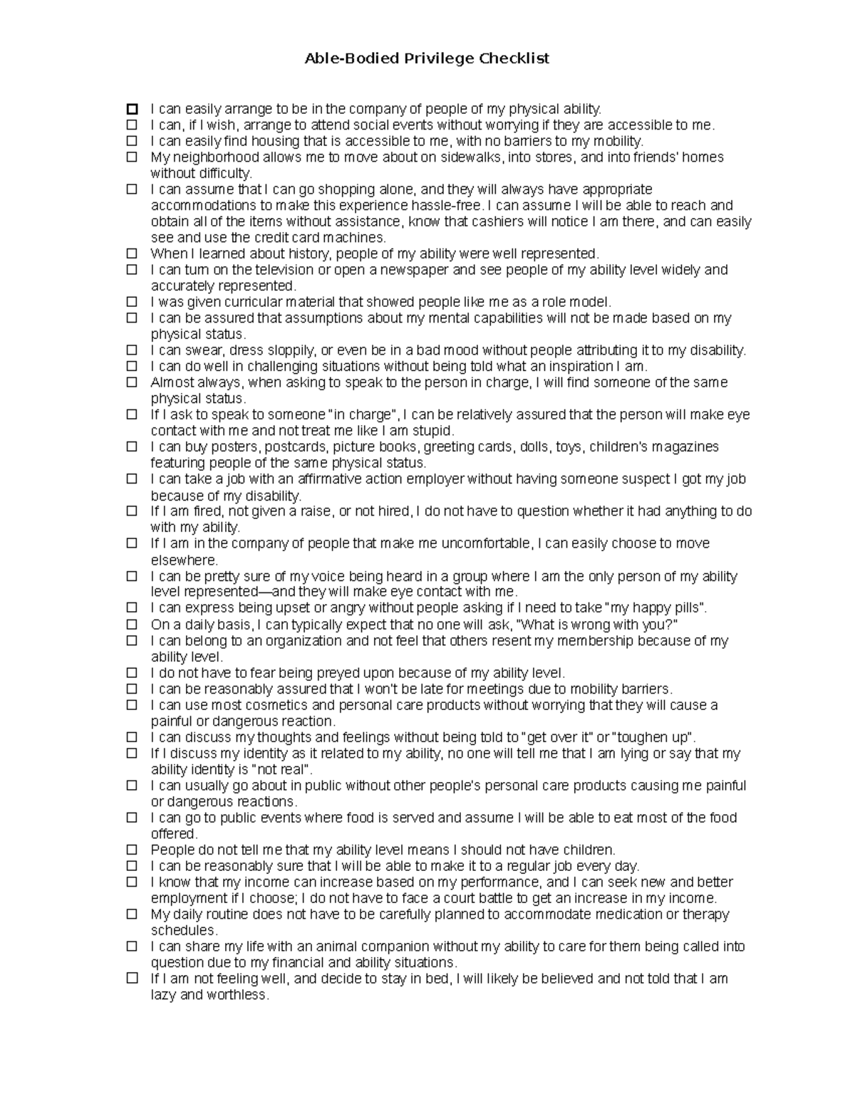 Week 1 Privilege Checklist for Able-Bodied Individuals - Studocu