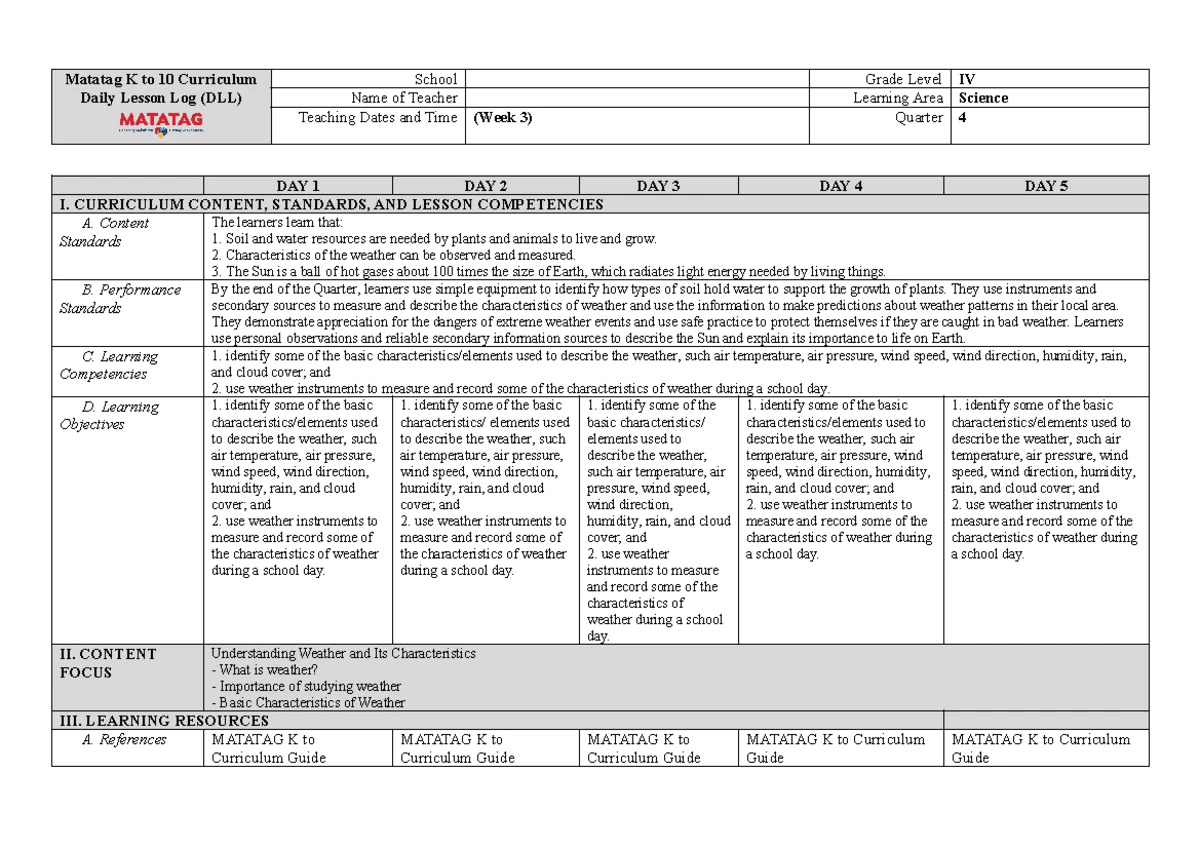 Q3 W9 Science 4 Lesson Log for MATATAG Curriculum - Studocu