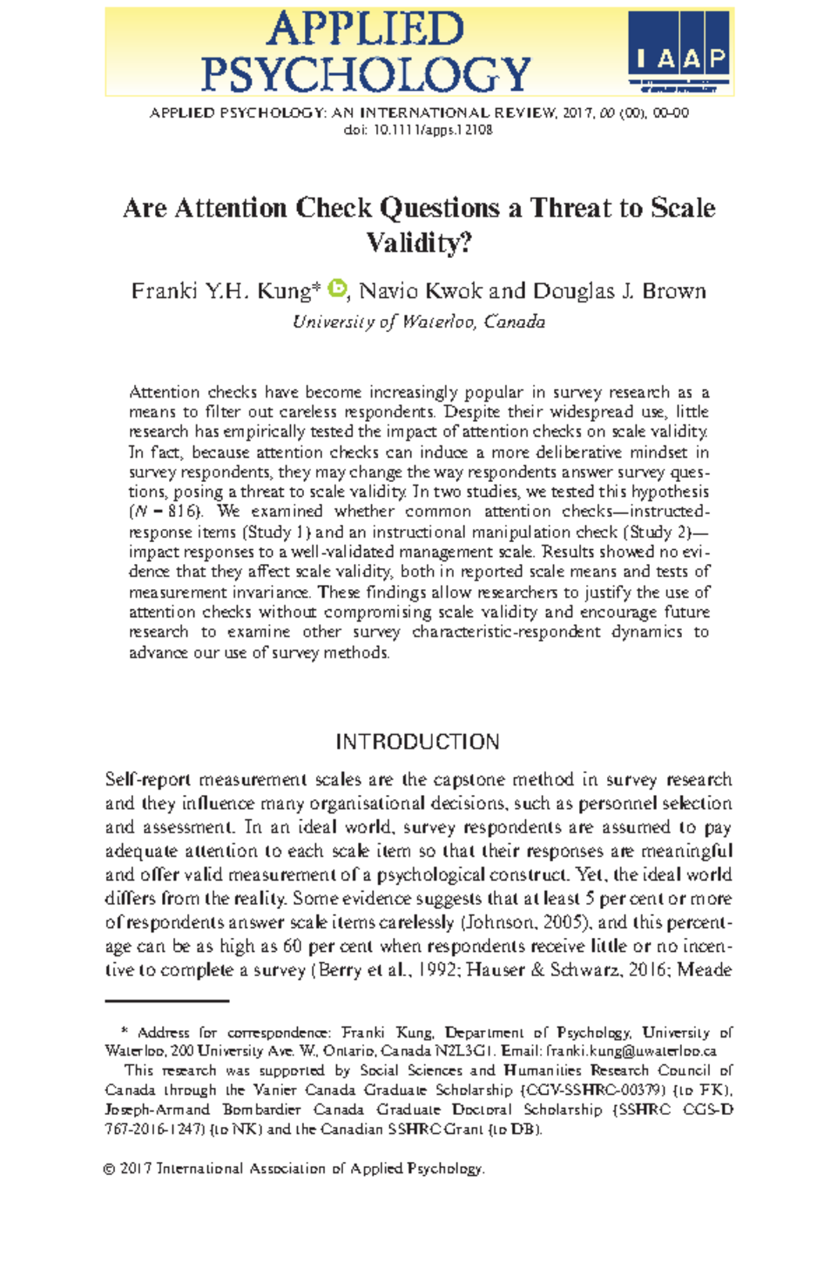 Attention Check Questions and Scale Validity: Insights from Kung2017 ...