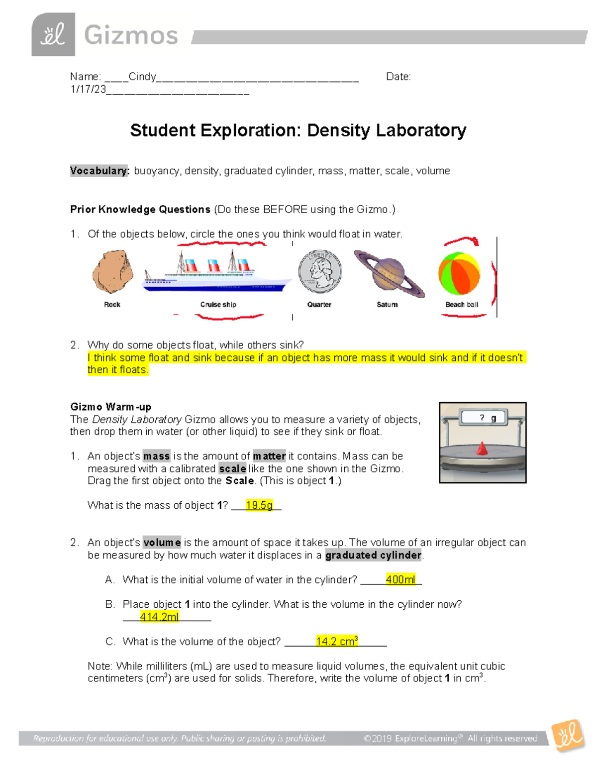 Density Laboratory Gizmo Worksheet (Exploring Float & Sink) - Studocu