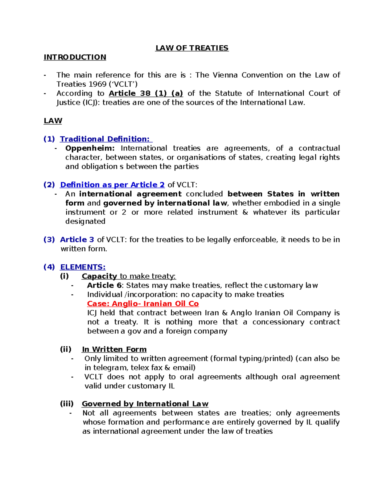 LAW 101: Introduction to the Law of Treaties - Study Notes - Studocu