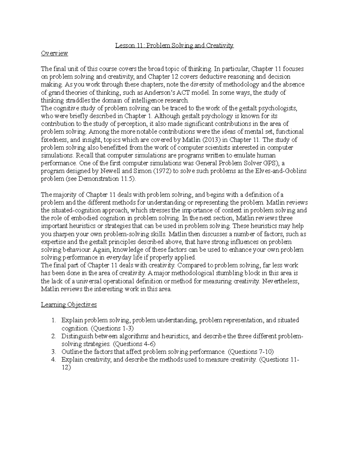CH 11: Problem Solving and Creativity - Key Concepts & Strategies - Studocu