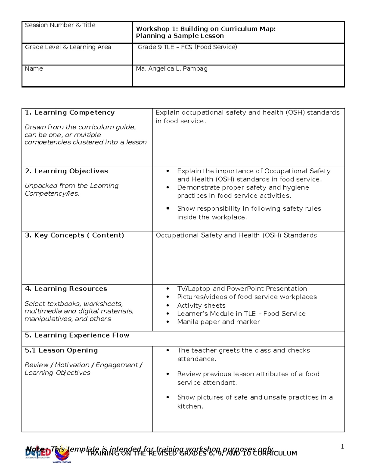 WS1: Sample Lesson Plan on OSH Standards in Grade 9 TLE FCS - Studocu