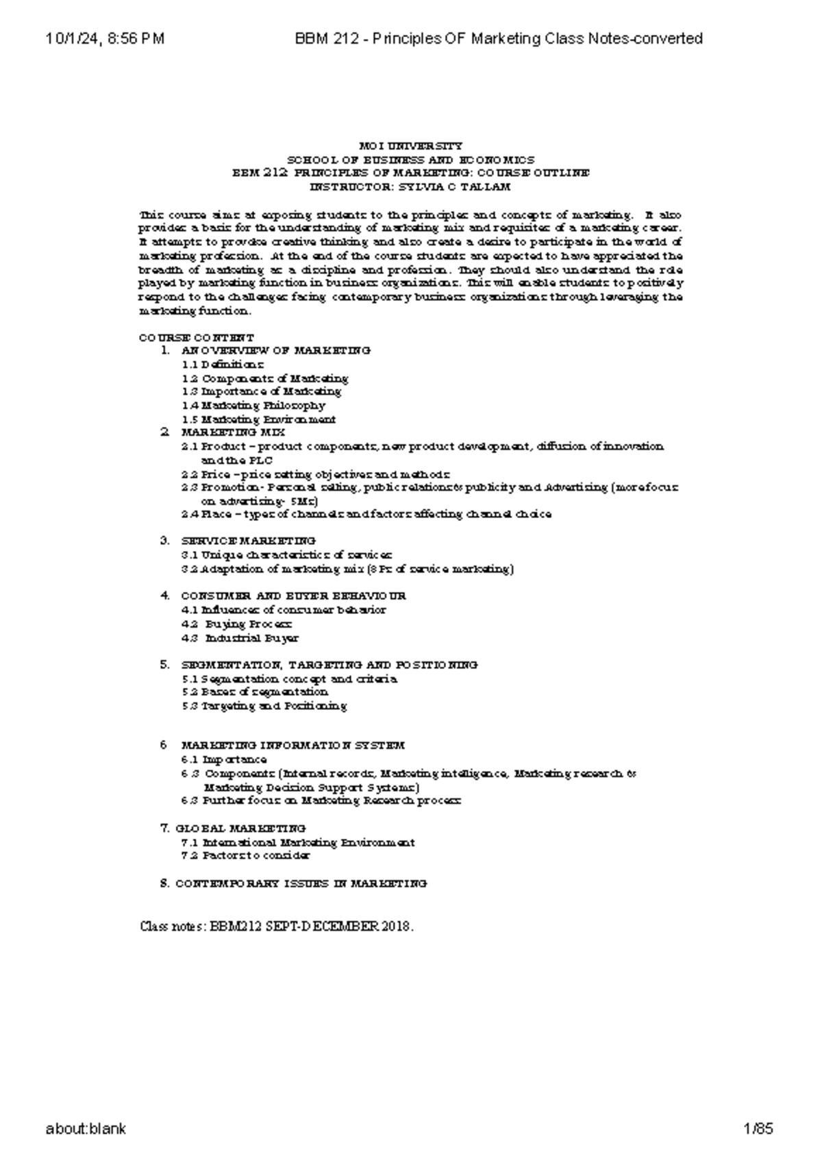 BBM 212 - Principles OF Marketing Class Notes-converted - Class notes ...