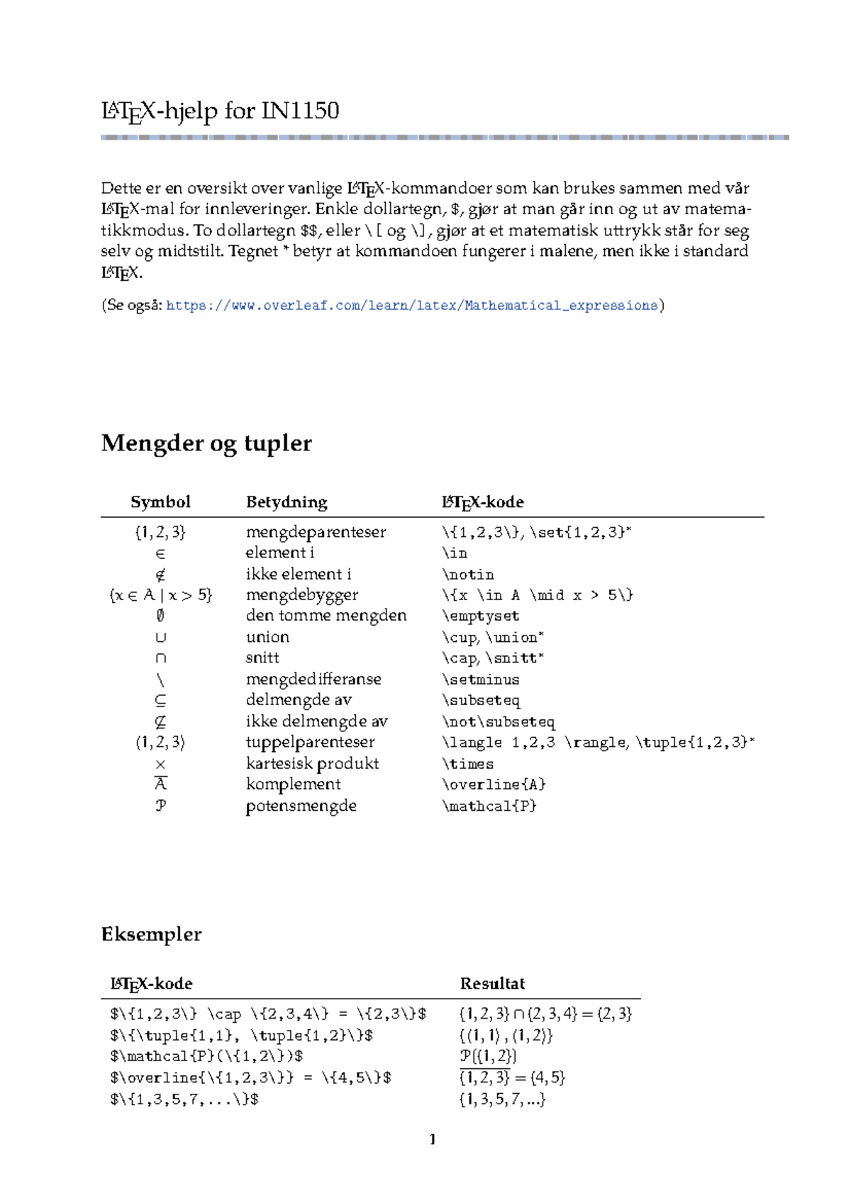 Hjelp - adfsf - LATEX-hjelp for IN Dette er en oversikt over vanlige ...
