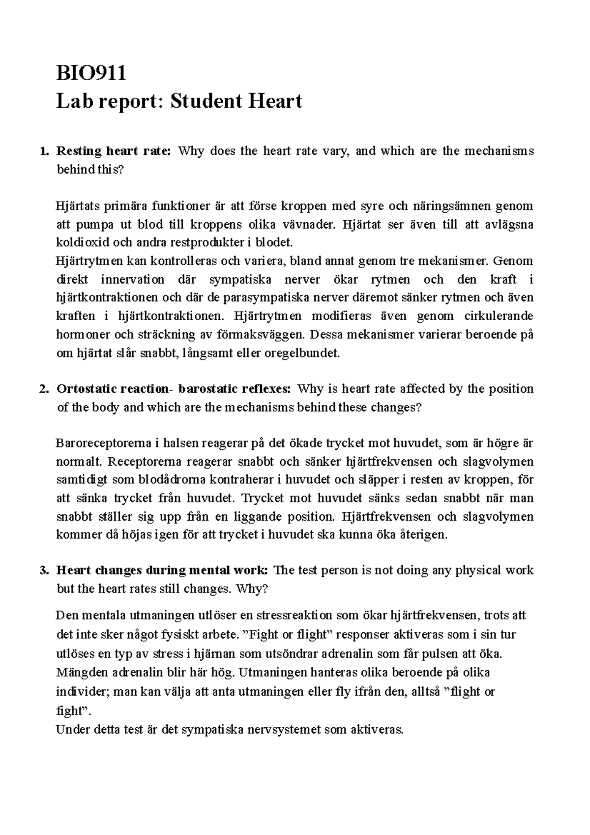 BIO911 Lab Report: Mechanisms Affecting Heart Rate Variability - Studocu