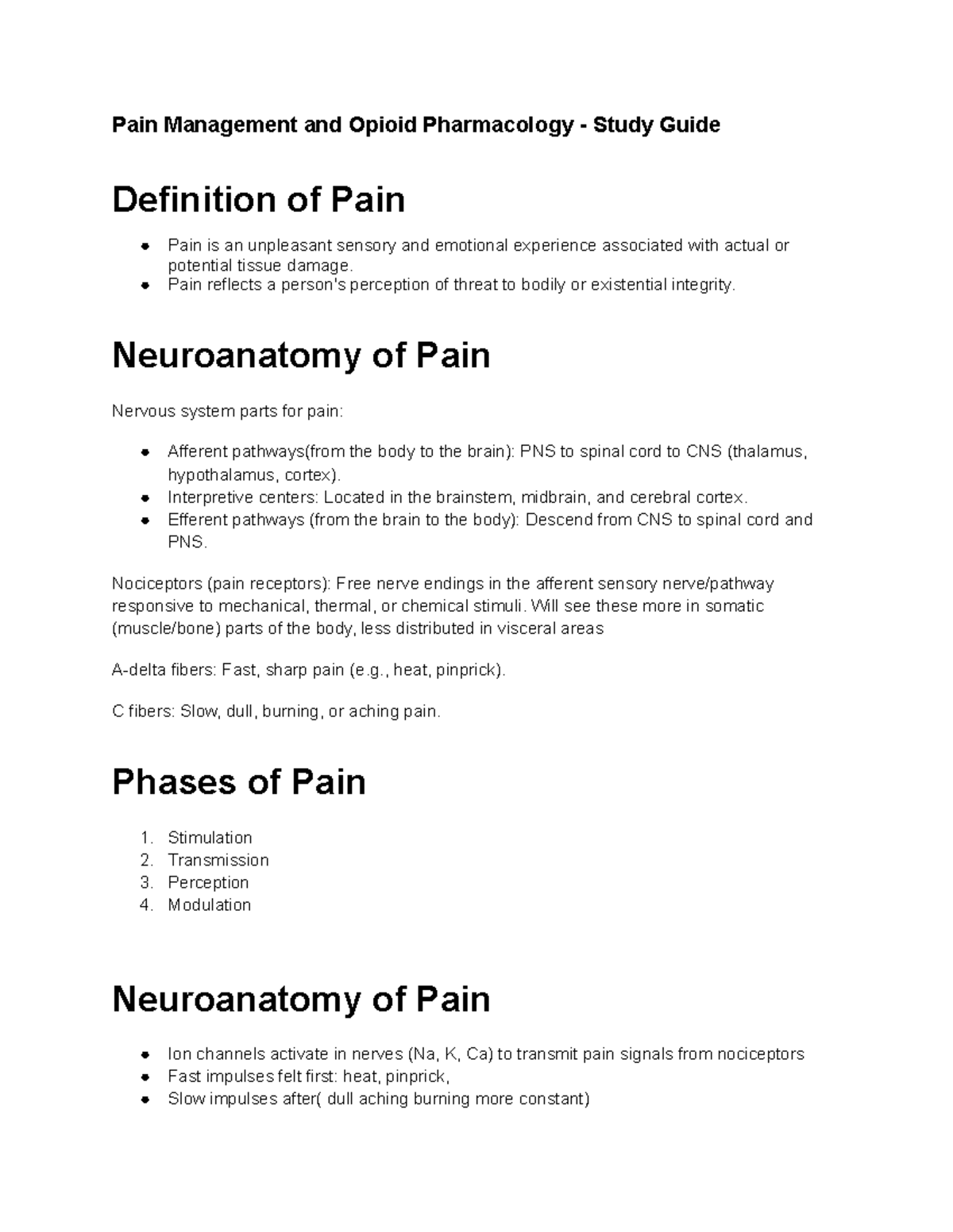 Pain Management and Opioid Pharmacology Study Guide (PHRM 101) - Studocu