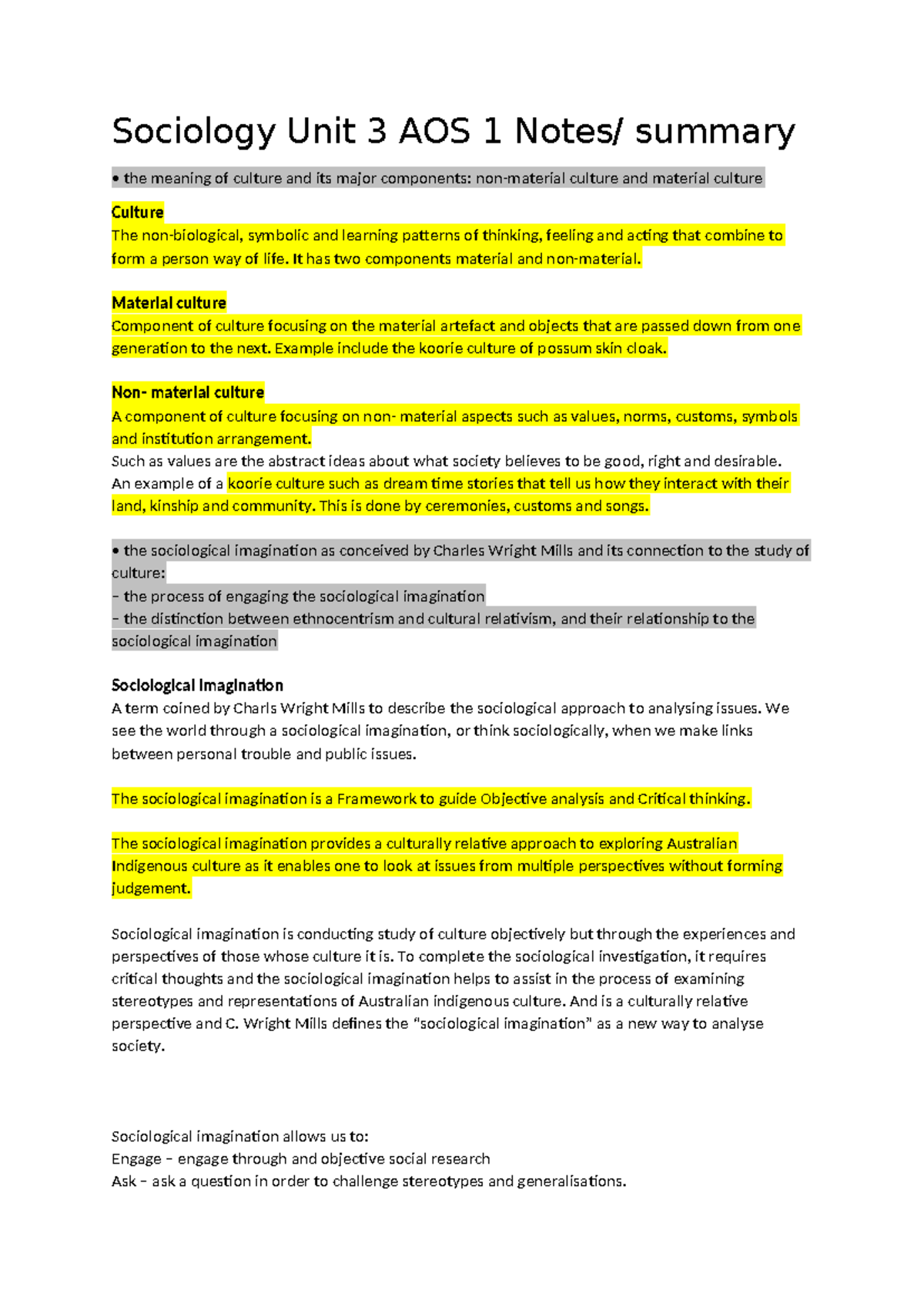 Sociology Unit 3 AOS 1: Culture, Imagination, and Indigenous ...