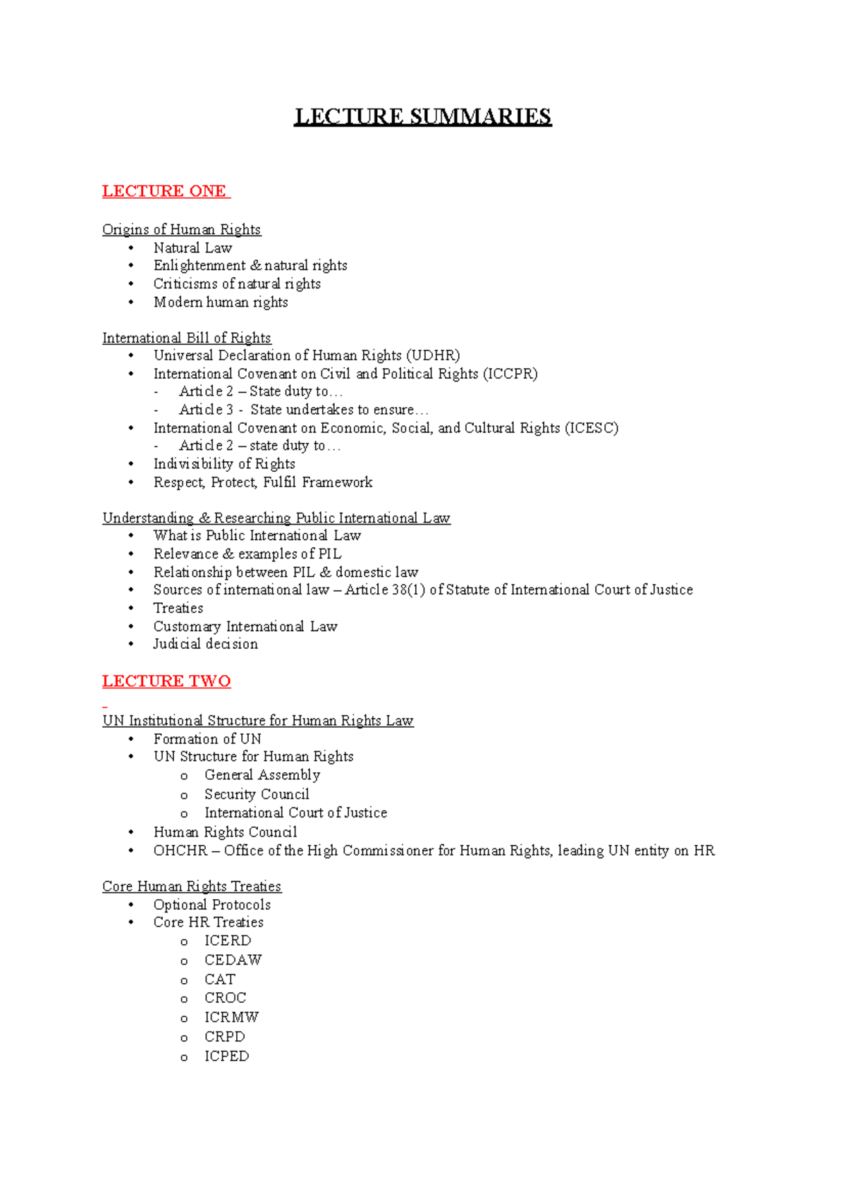 LECTURE SUMMARIES: Origins and Framework of Human Rights (PIL) - Studocu