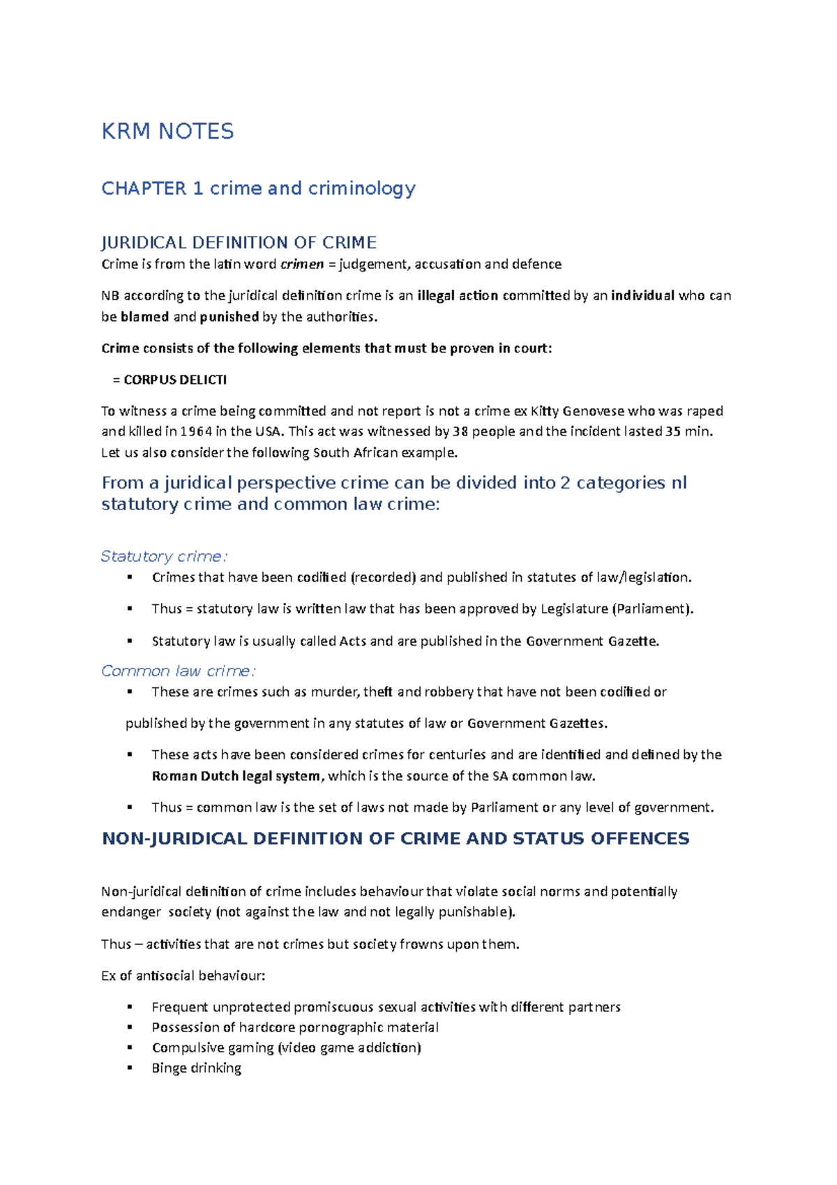 KRM 101 Chapter Notes: Understanding Crime, Criminology & Factors - Studocu