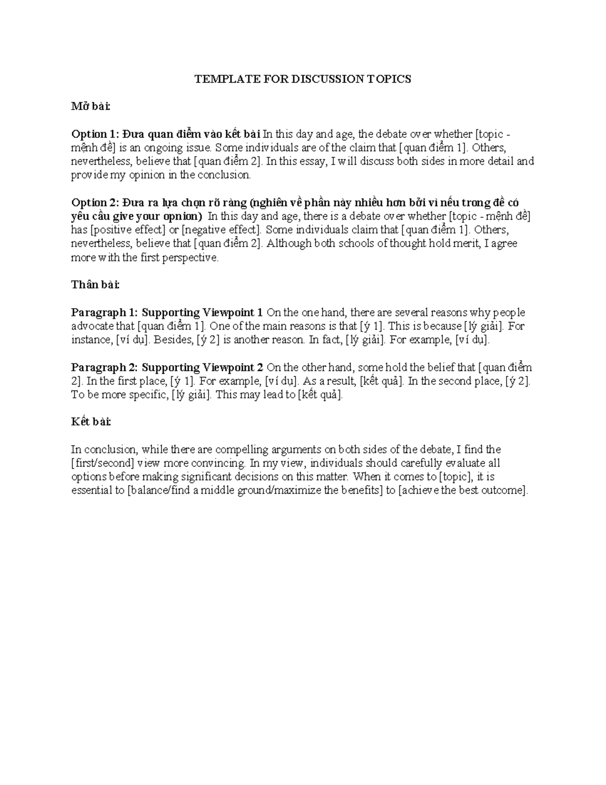 Template FOR Discussion Topics - TEMPLATE FOR DISCUSSION TOPICS Mở bài ...