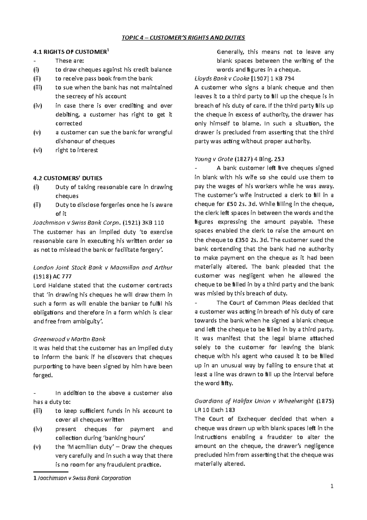 Topic 4 - Customers' Rights and Duties in Banking Law - Studocu