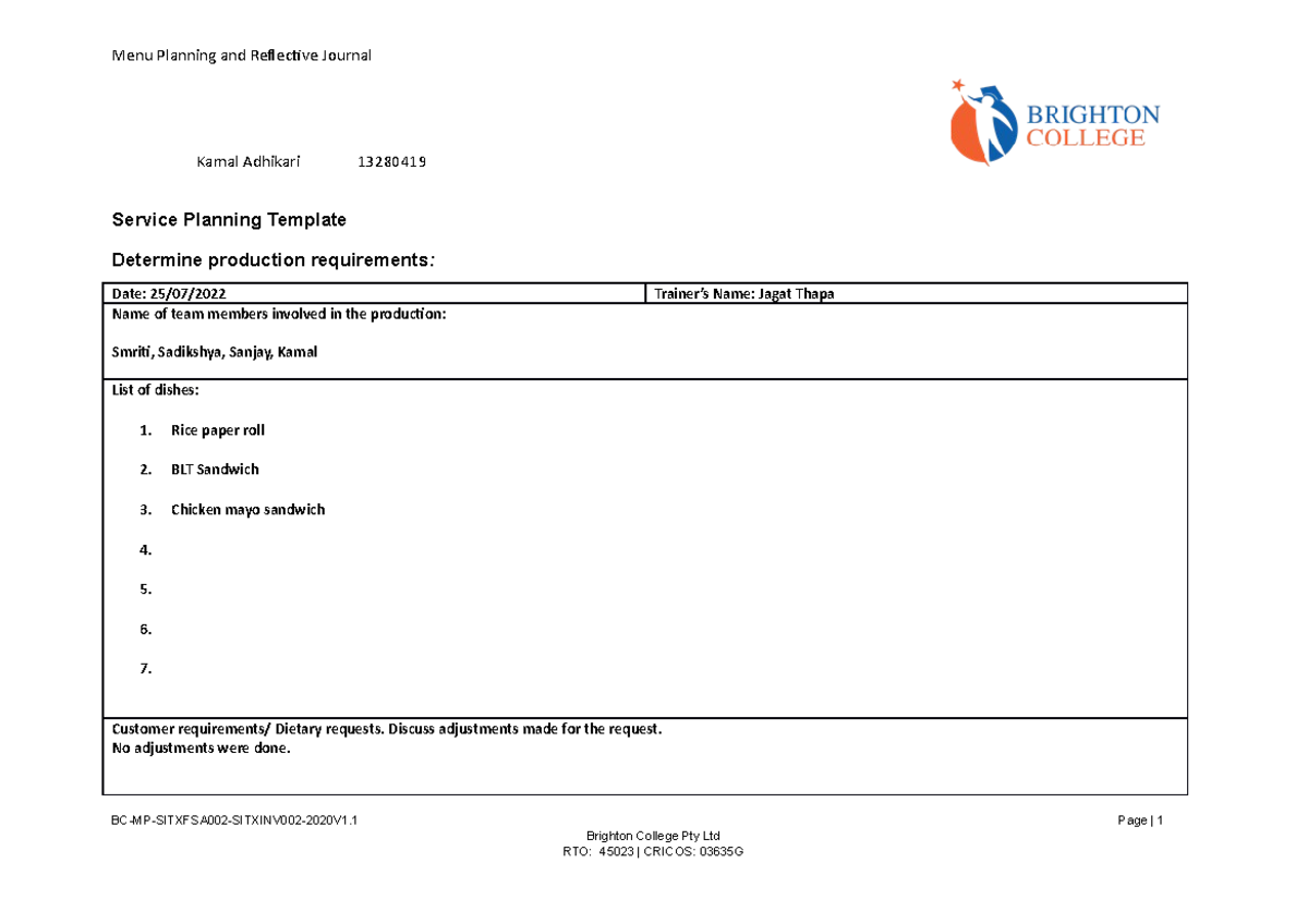 Menu Planning Template - Kamal Adhikari 13280419 Service Planning ...