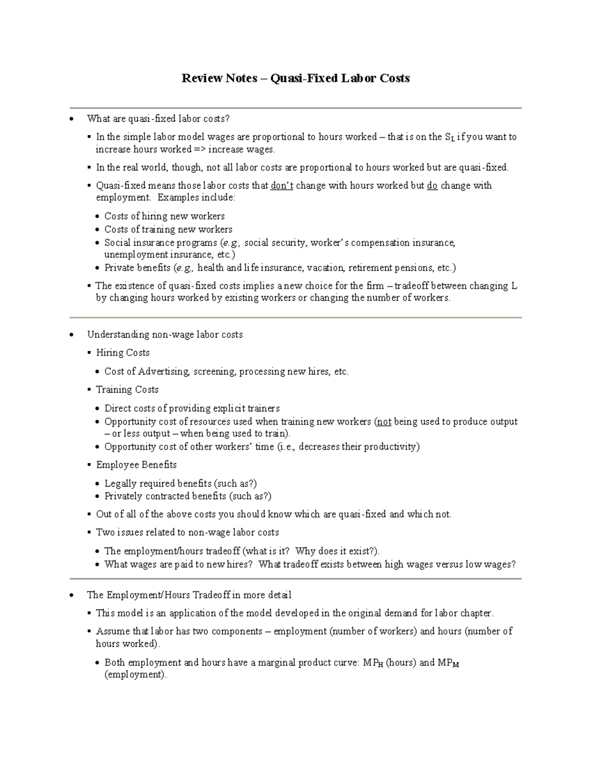 Review Notes: Quasi-Fixed Labor Costs for Economic Analysis - Studocu