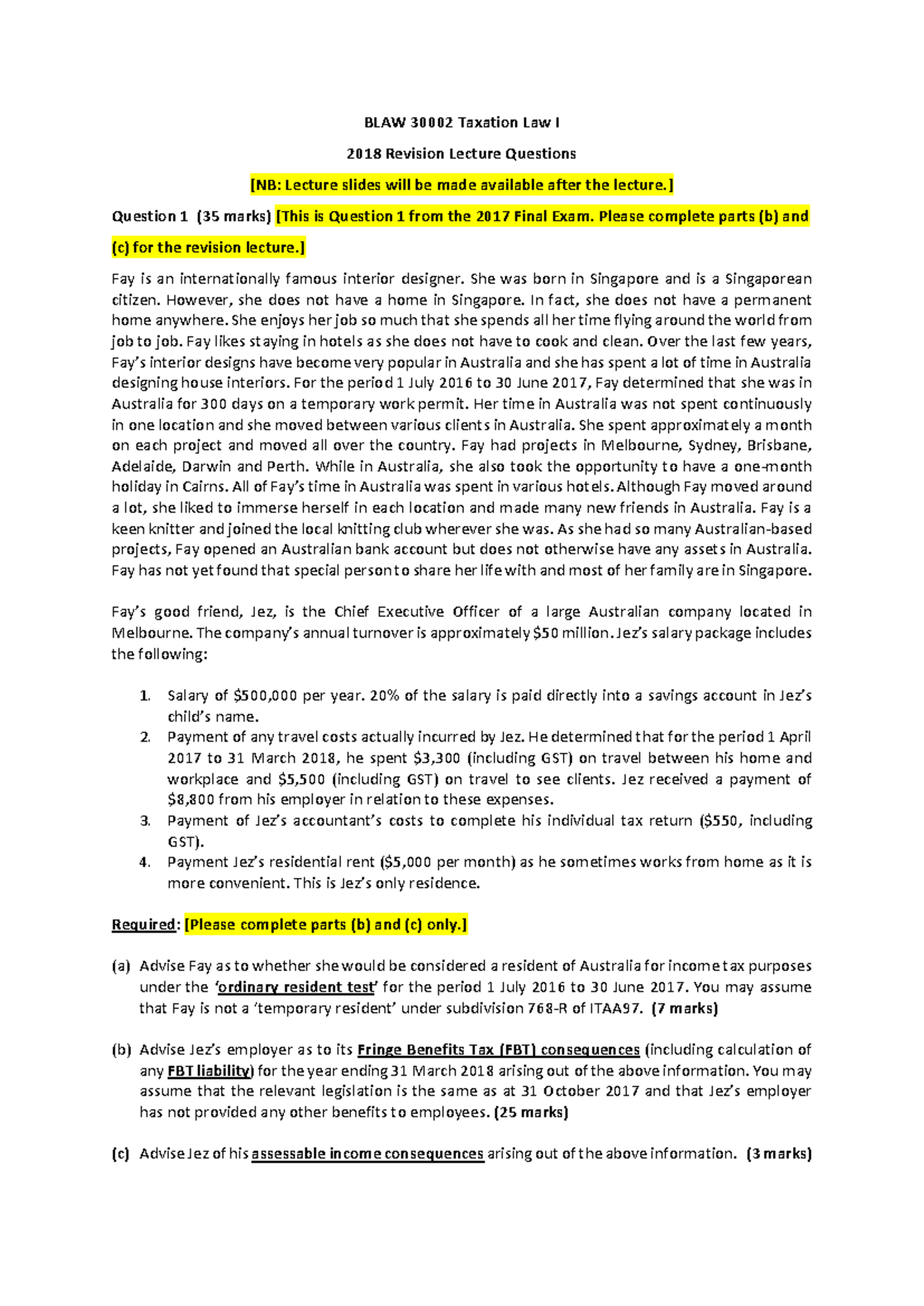 BLAW 30002 Taxation Law I: 2018 Sample Exam Questions and Answers - Studocu