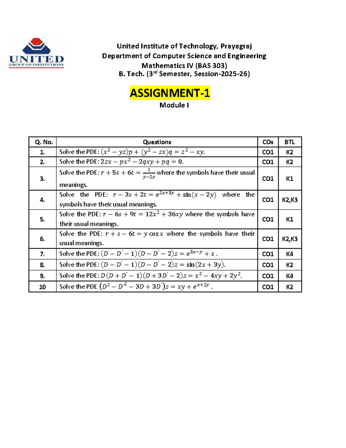 Mathematics IV (BAS 303) Assignment: Comprehensive Coverage of All ...