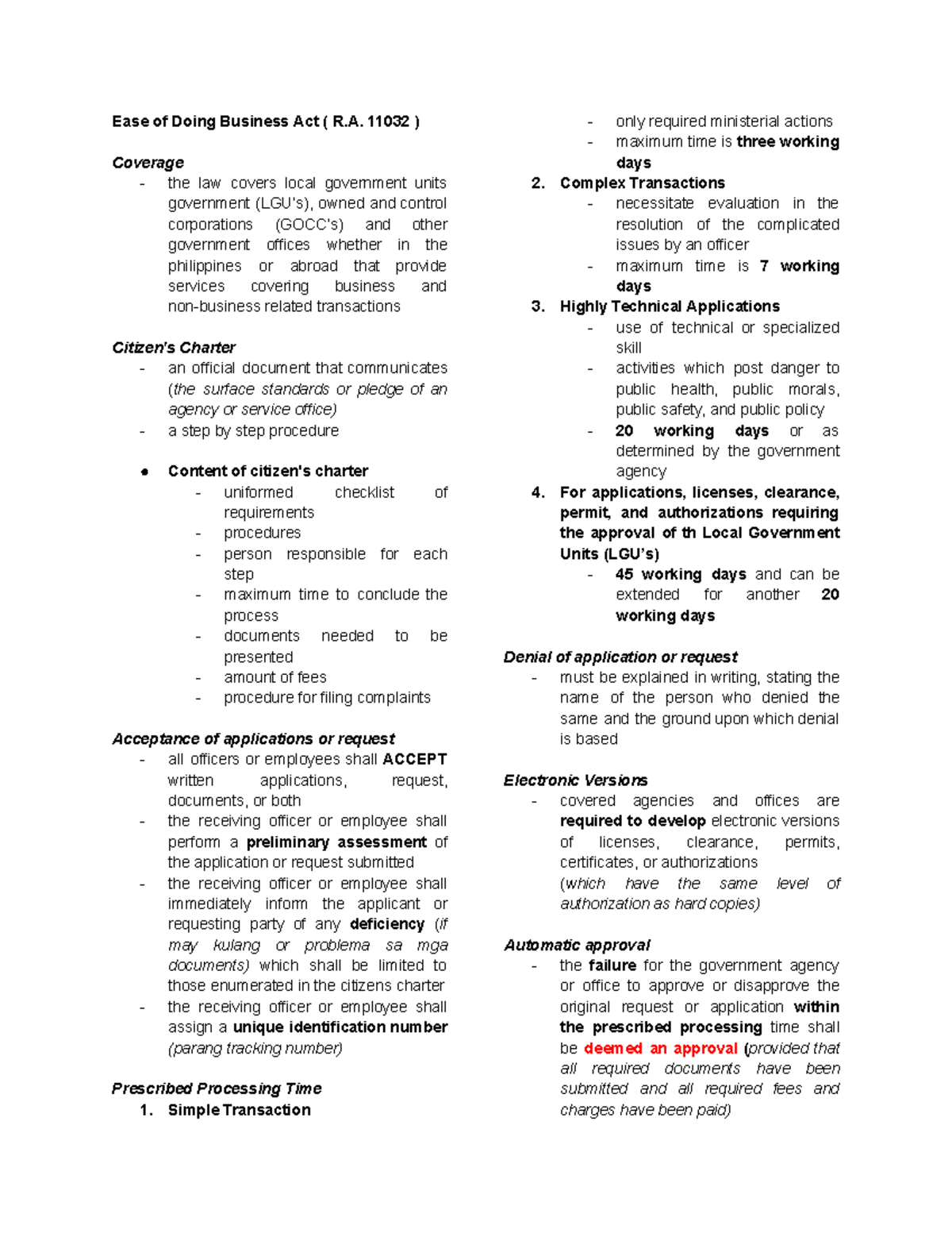 Ease of Doing Business Act (R.A. 11032) Overview and Procedures - Studocu