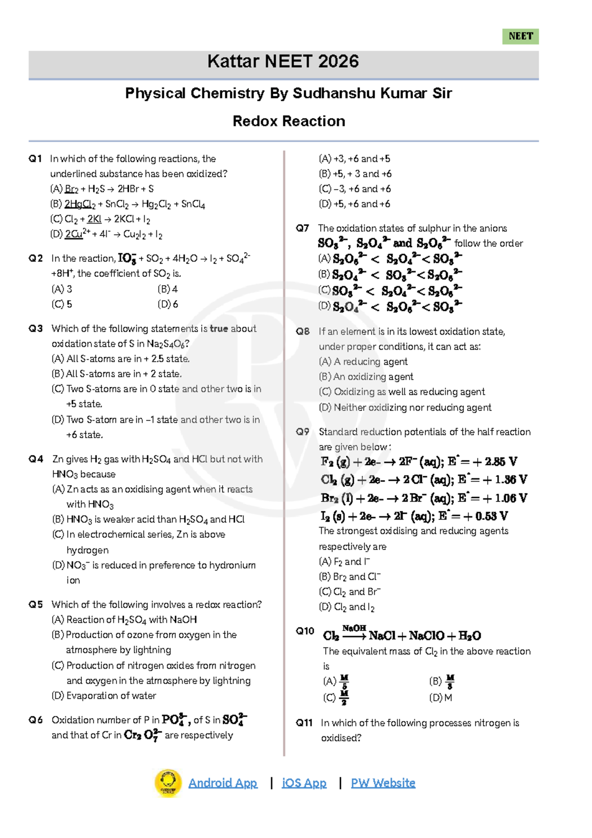 Redox Reaction Notes for NEET 2026 - Physical Chemistry by Sudhanshu ...