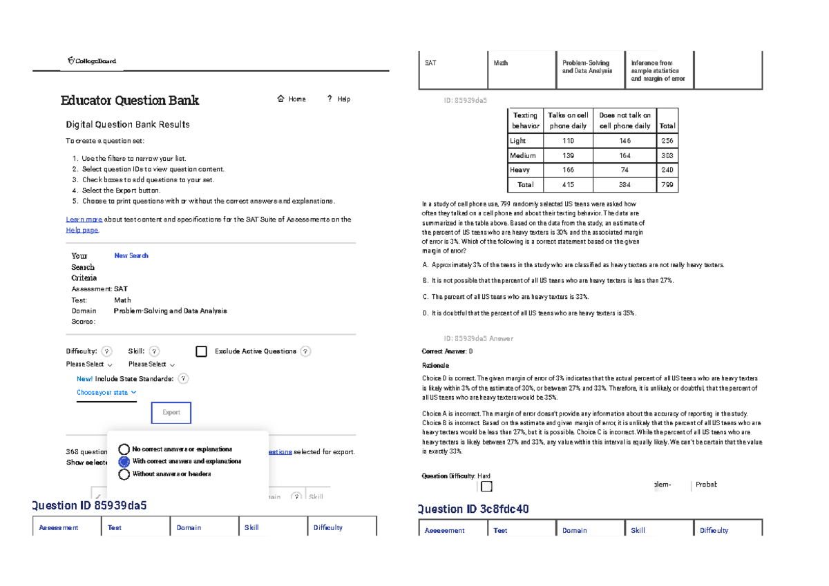 SAT Math Question Bank: Cell Phone Use & Texting Behavior Analysis ...