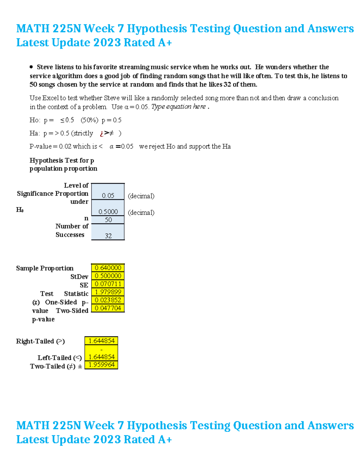 MATH 225N Week 7 Hypothesis Testing Q&A - Updated 2023 - Studocu