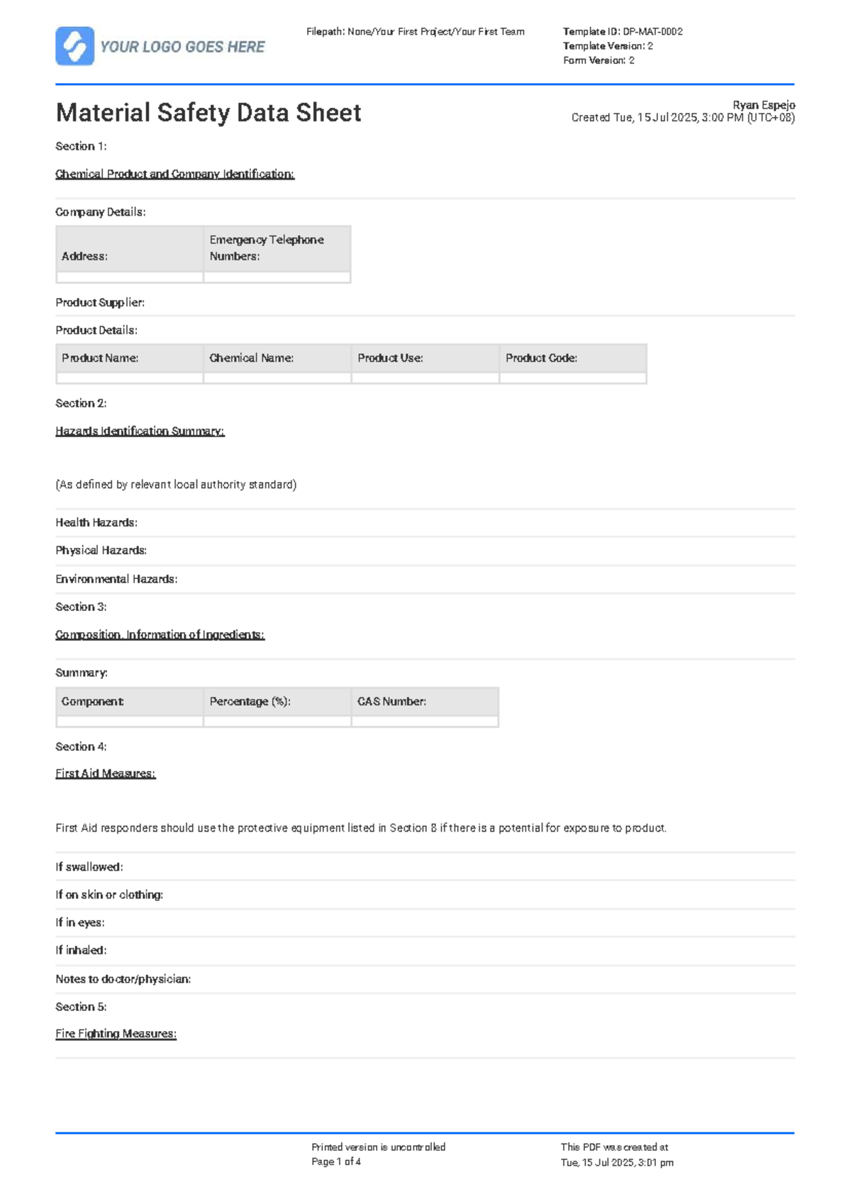 MSDS for Chemical Product - Template Version 2 - Studocu