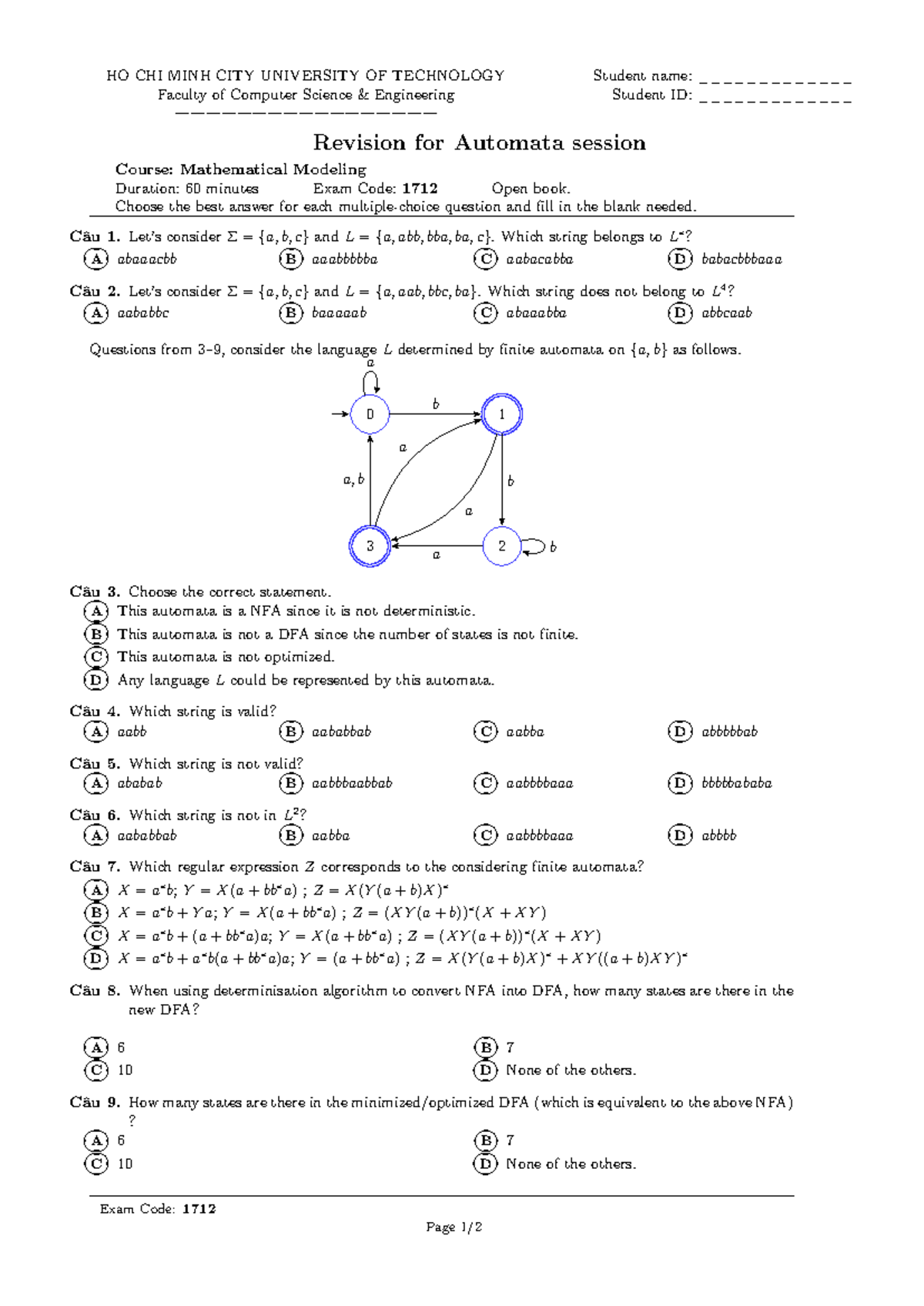 Mathematical Modeling Exam Revision: Automata (Code 1712) - Studocu