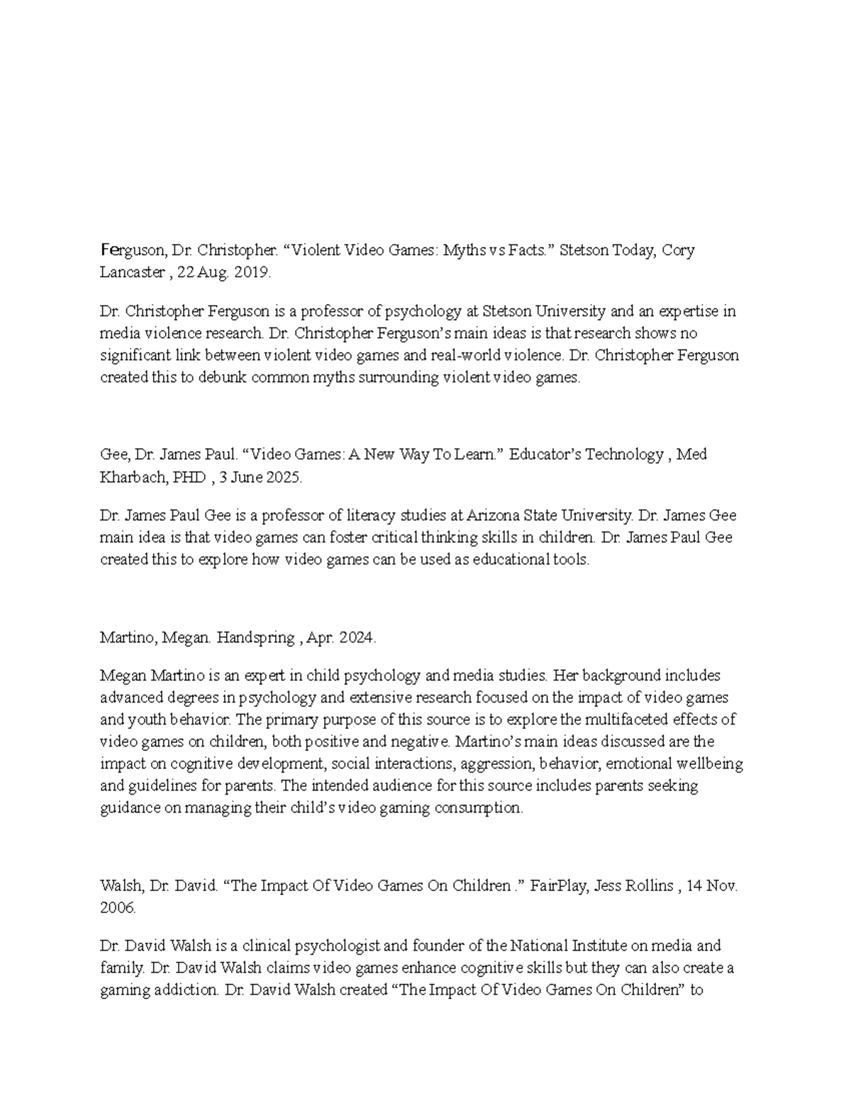 Video Games and Their Impact: A Reference List for E-Portfolio Project ...