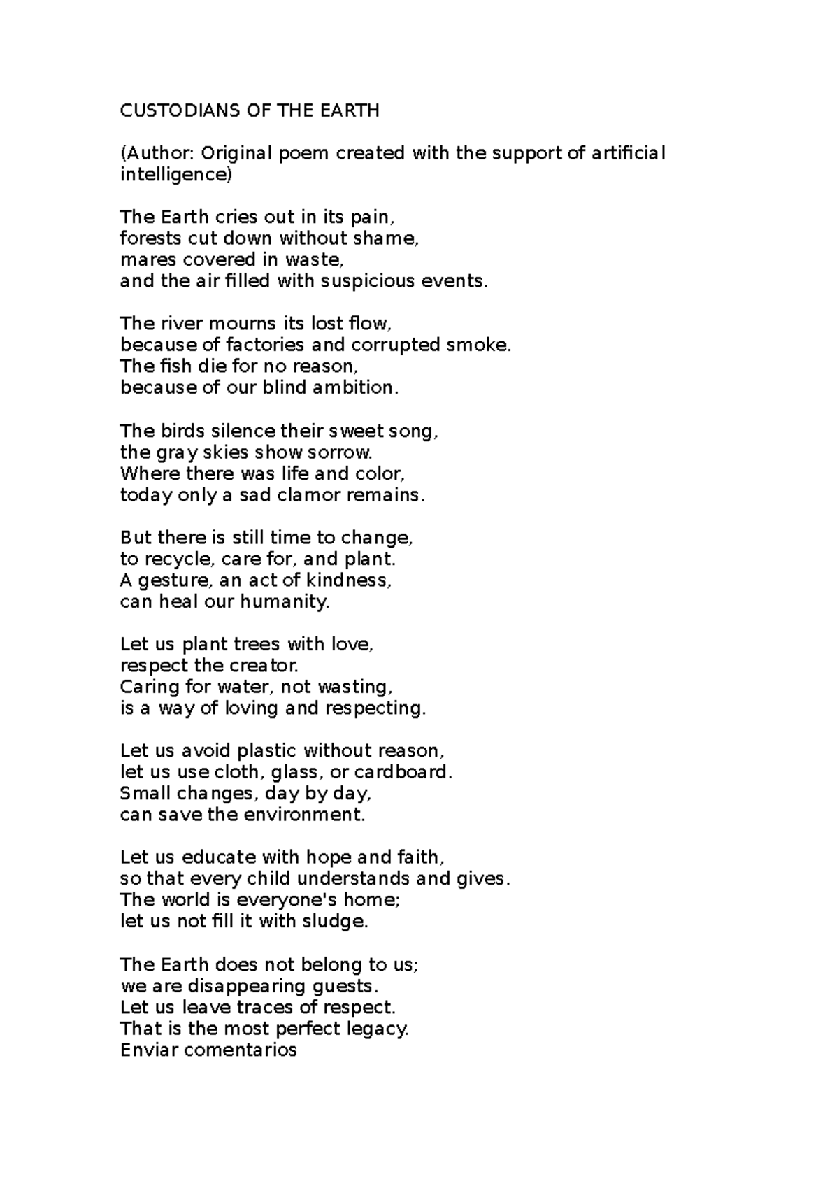 CUSTODIANS OF THE EARTH: An AI-Created Poem on Environmental Care - Studocu