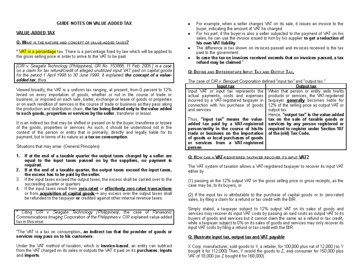 GUIDE NOTES ON TAXATION: UNDERSTANDING VAT AND ITS IMPLICATIONS - Studocu