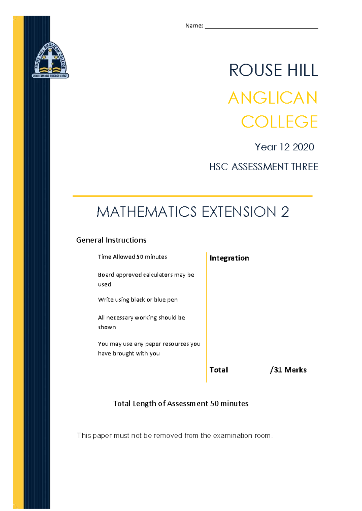 Year 12 HSC Mathematics Ext 2 Assessment 3 - 2020 - Studocu