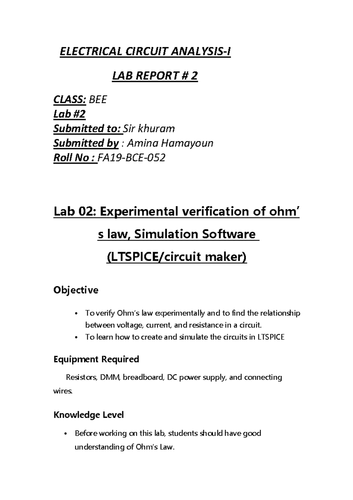 Lab No 02 FA18 BCE: Ohm's Law Verification and Circuit Simulation ...