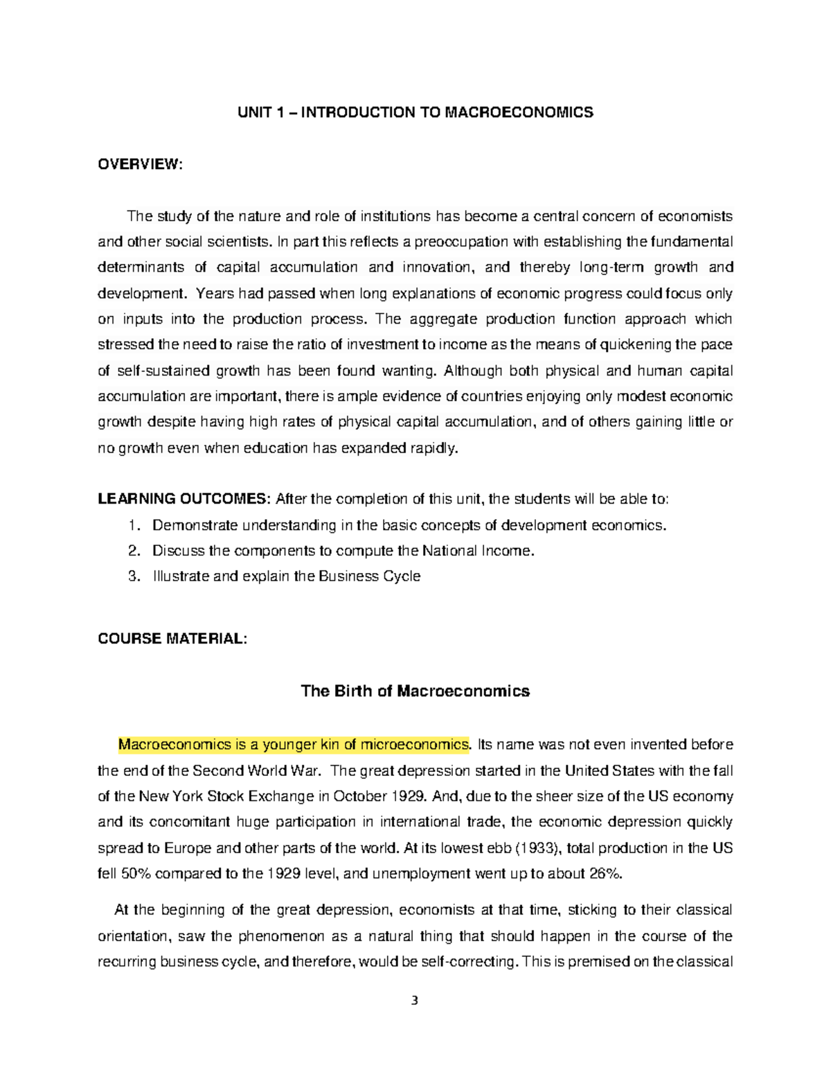 Eco Dev Unit 1: Introduction to Macroeconomics Overview and Key ...