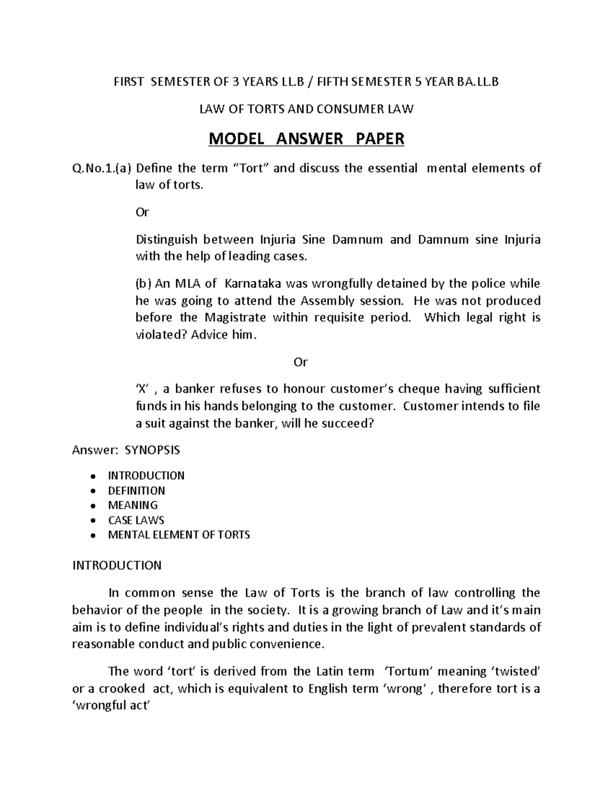 LL.B 5 Year - Law of Torts & Consumer Law Model Answer Paper - Studocu